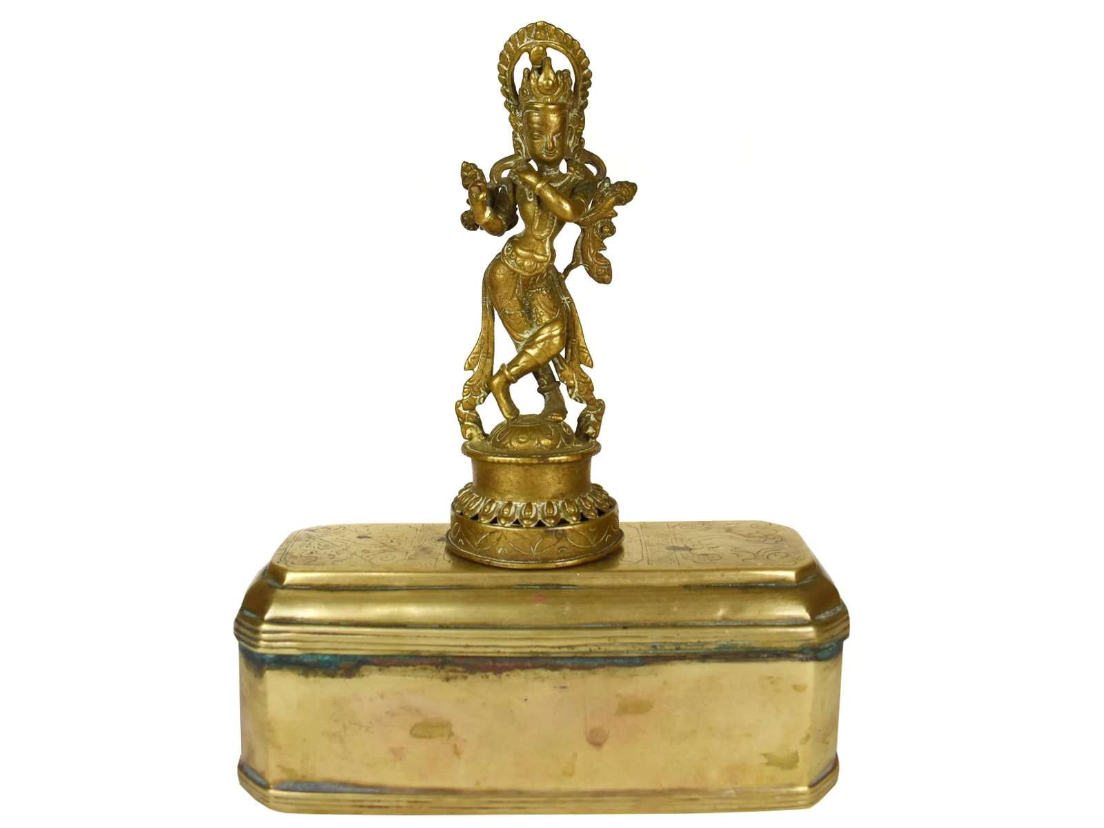 Early 20th Century Standing Bronze Lord Krishna Hindu Statue in Solid Brass Box - 13
