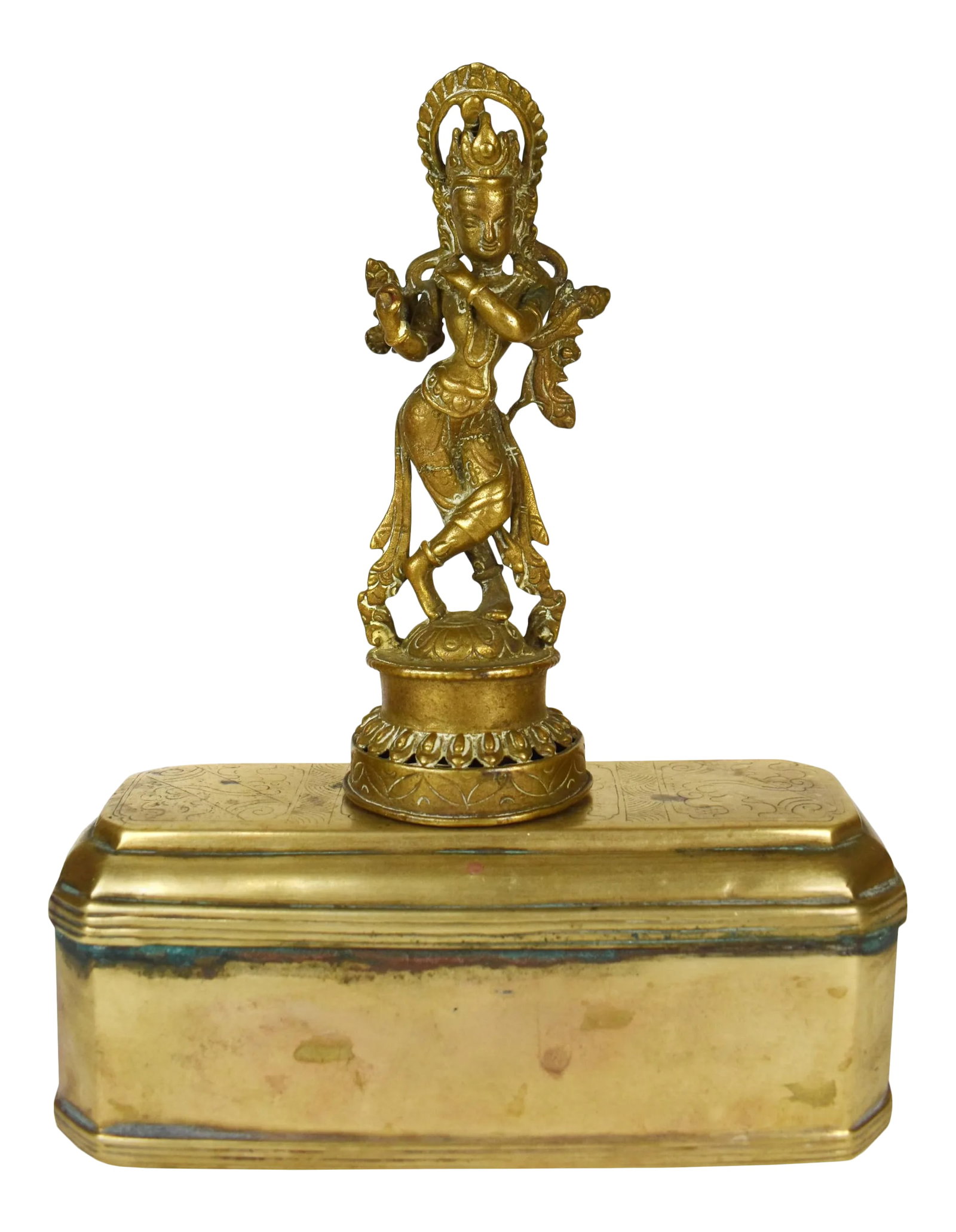 Early 20th Century Standing Bronze Lord Krishna Hindu Statue in Solid Brass Box: Krishna is a major deity in Hinduism. He is worshipped as the eighth avatar of Vishnu and also as the supreme God in his own right. He is the god of protection, compassion, tenderness, and love and