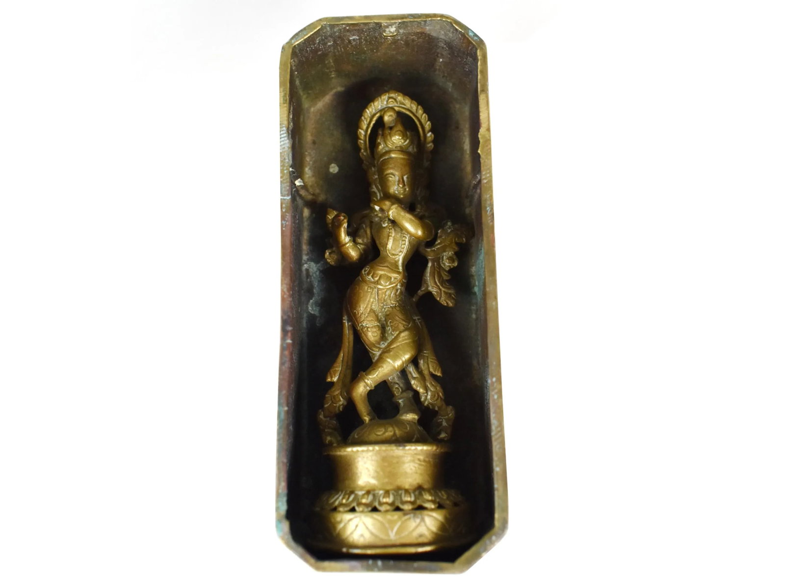 Early 20th Century Standing Bronze Lord Krishna Hindu Statue in Solid Brass Box - 7