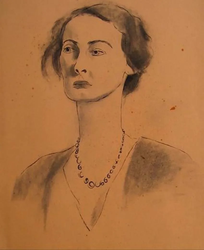 Ink Wash Female Portrait 1930-50s Drawing: This 1930-1950 ink on peach paper portrait of a woman is by Washington D.C. artist Helen Rennie (1906-1989). Rennie was a WPA artist. She exhibited at the Metropolitan Museum of Art, the Pennsylvania 