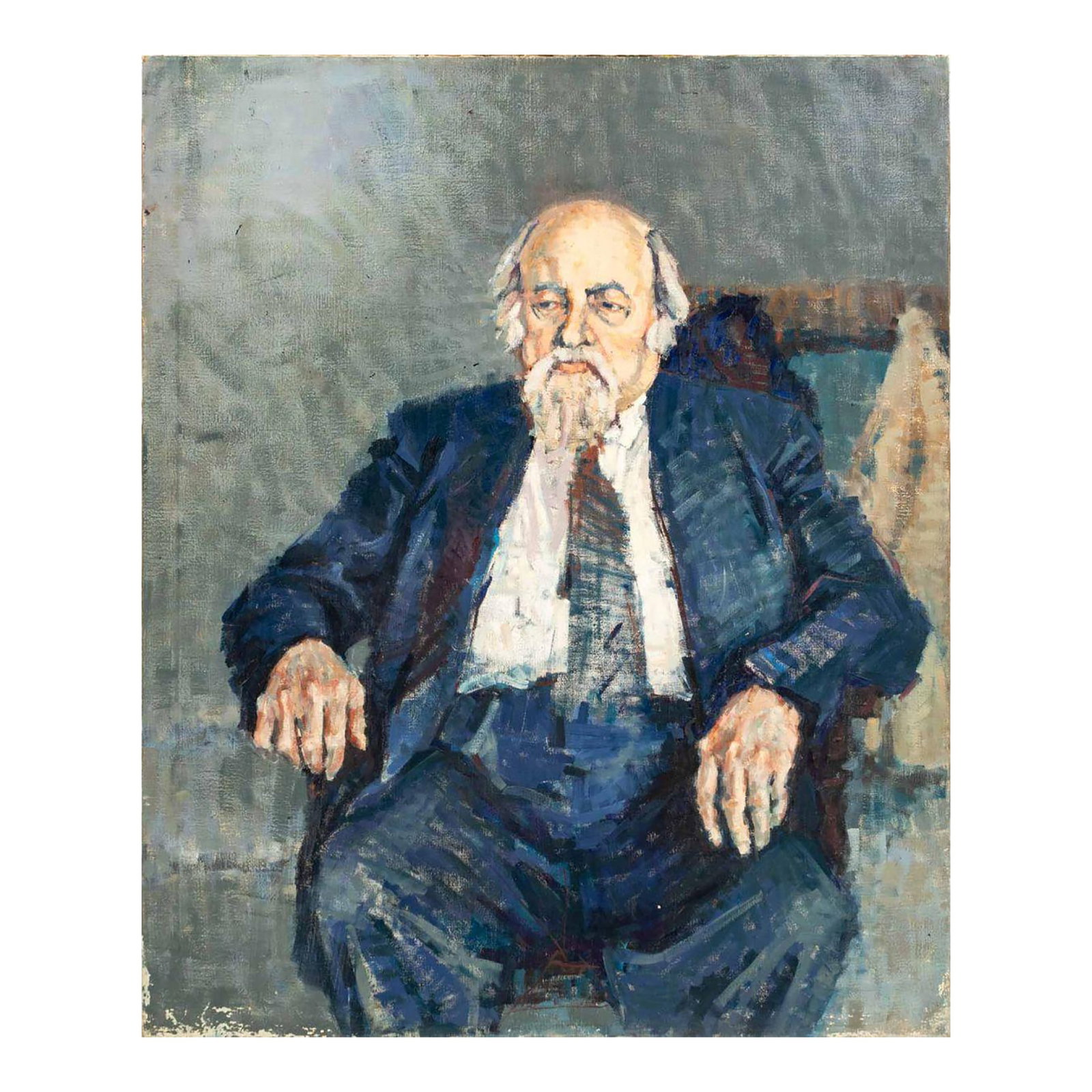 Signed Portrait of an Elderly Man Oil on Canvas: 20th Century School, Portrait of an Elderly Man, Oil on Canvas, depicting seated man in blue business suit, signed "Capling", marked "Brackman AM" and partial Art Students League of New York label