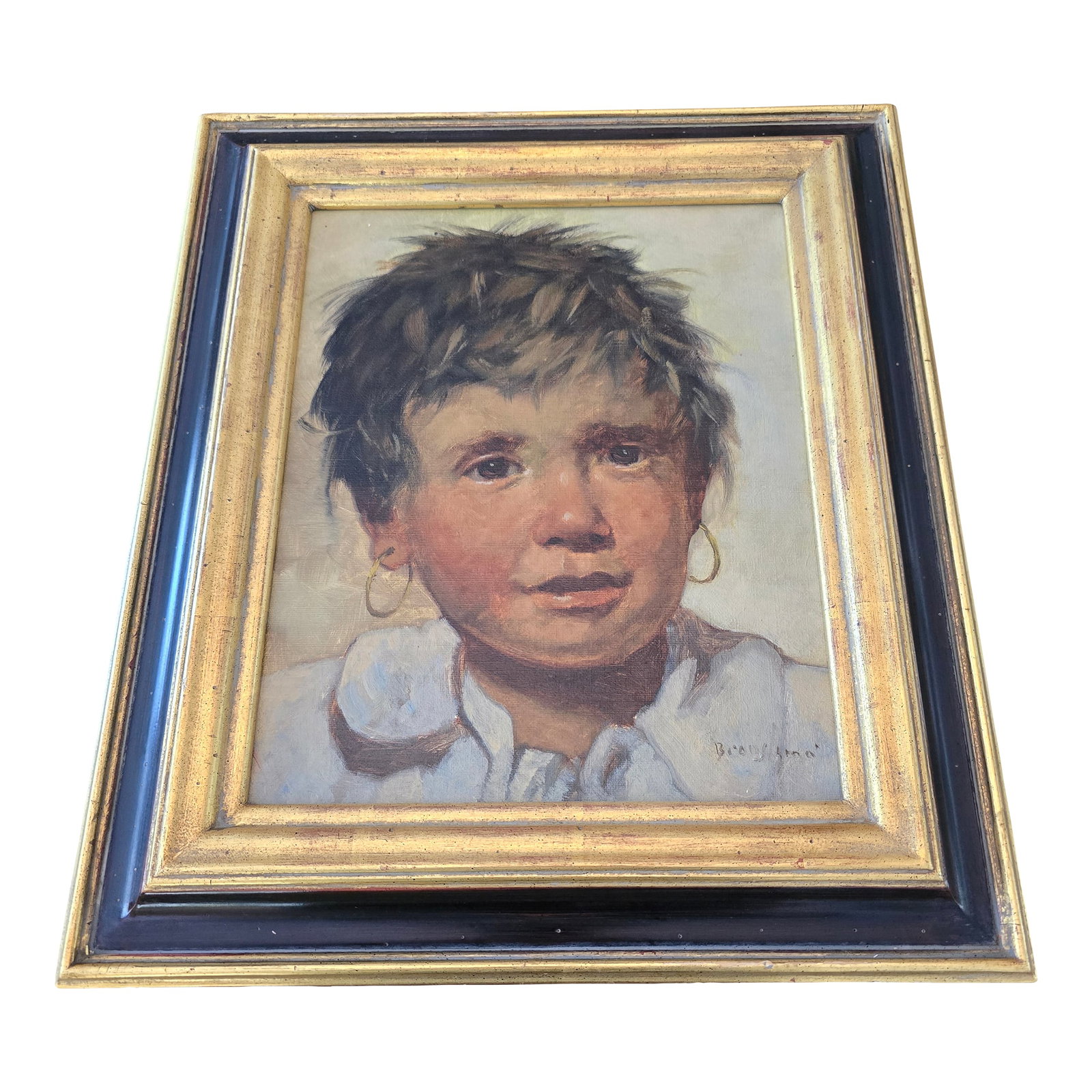 Vintage Pre Mid Century Signed Portrait Painting: A fine vintage original pre mid century modern signed portrait painting . Having correct depth and natural life like colors with exquisite detail in it's original gilded and ebonized wood frame .