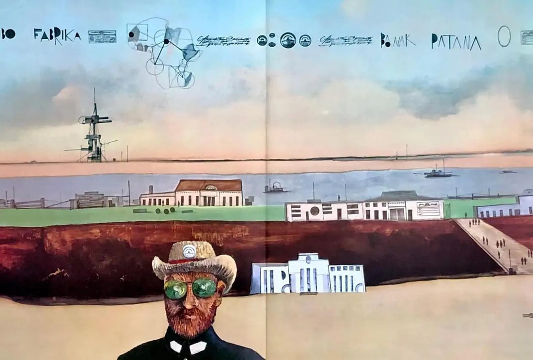 Saul Steinberg Lithograph 1970s: Vintage Saul Steinberg Lithograph. Published by: Galerie Maeght, Paris, c.1970. Portfolio: Derriere le miroir. Excellent frame piece. Lithograph in colors. Measurements 15 x 22 inches. Fold-line as is
