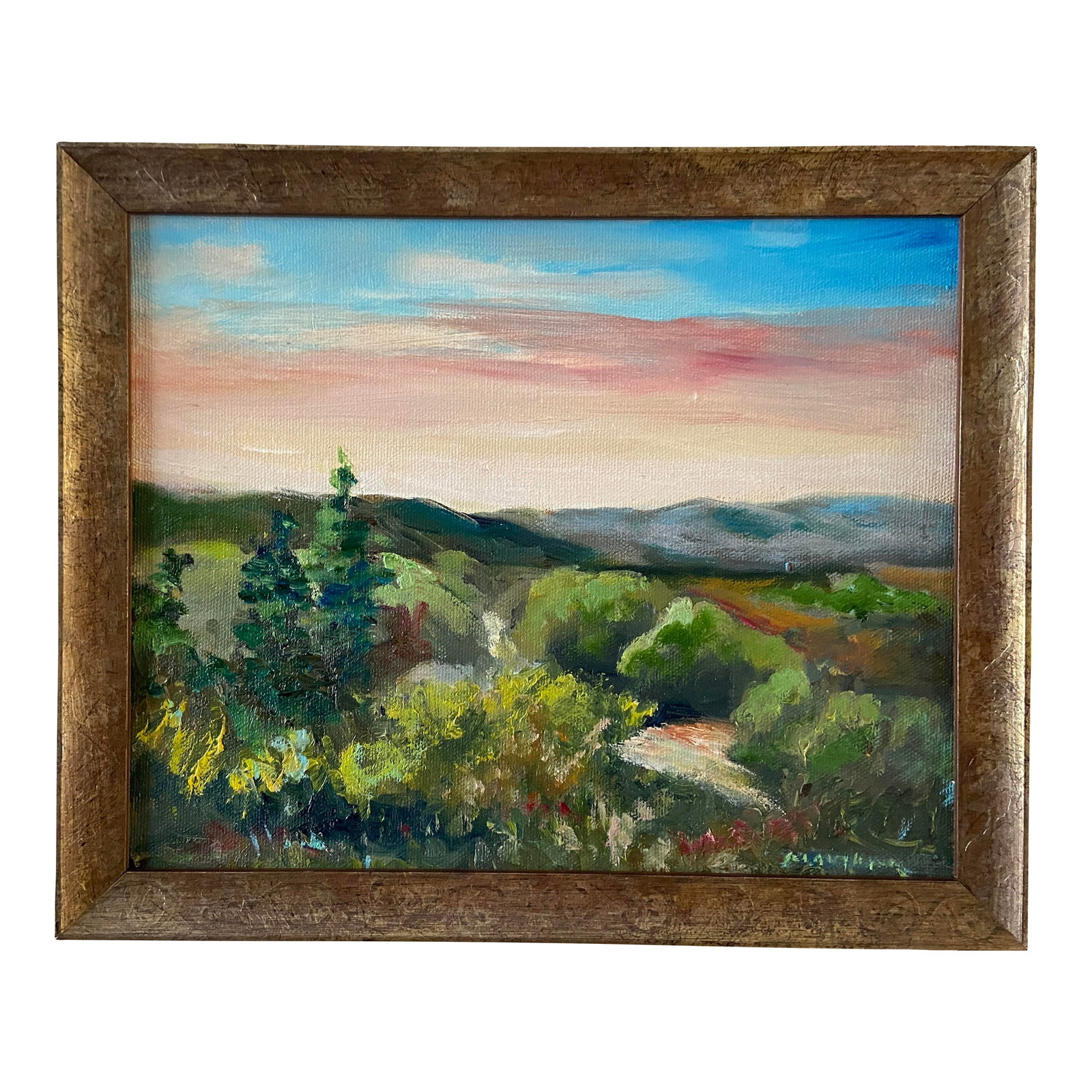 Plein Air Original Oil Painting Meramec River by Marina Movshina: High atop a bluff, I created this painting on a summer morning. Below was the Meramec River, the foothills of the Ozarks are in the distance. The painting is 8x10" and framed in an antiqued gold