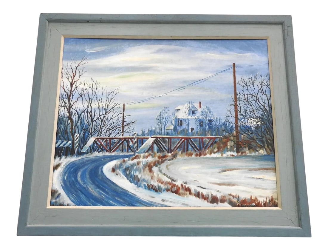 Late 20th Century Rural Winter Landscape Acrylic Painting, Framed: Acrylic winter landscape painting on canvas panel, solid wood frame with crackle effect. Signed D.J. Jacobson. Circa 1970s. Overall size is 24.25" X 20.25". Painting size is 20"X16". The painting is