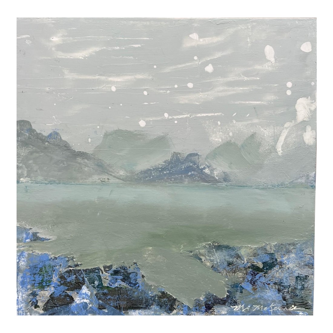 "Blue Lagoon" Contemporary Impressionist Waterscape in Green, Aqua, Blue and White by Mill Valley Ar: Abstract waterscape with distant mountains in blue and aqua Condition: Imperfections: No Imperfections Condition Notes: Original (New) - Mint Origin: United States Materials & Techniques: Acrylic
