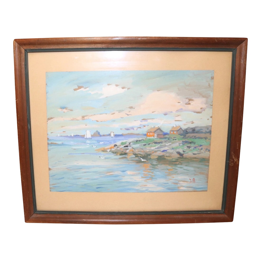 Vintage Original Expressionism Job Nautical Coast Shore Landscape Oil Painting: Up for sale is a wonderful vintage original nautical oil painting by J.O.B.. It's painted on a paper, signed on the bottom right in red, and done with rich color. It is a wonderful scene depicting a