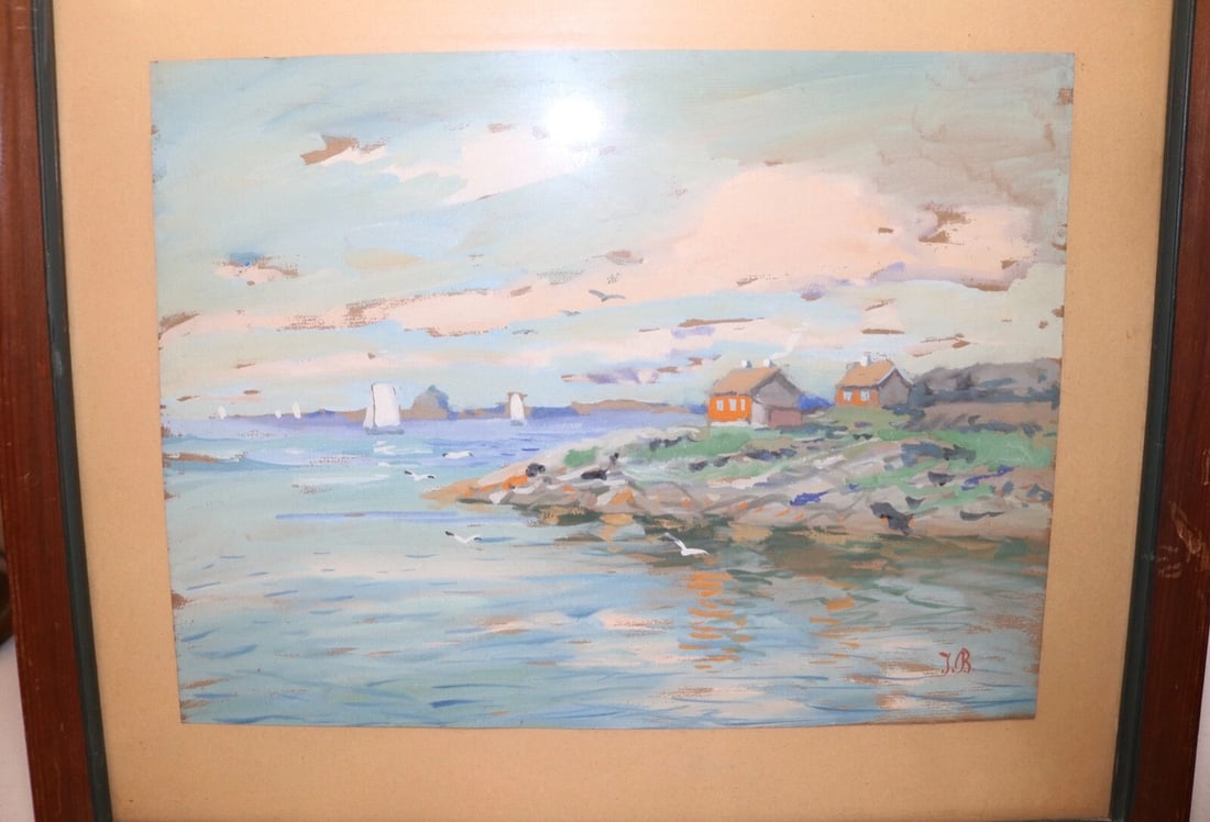 Vintage Original Expressionism Job Nautical Coast Shore Landscape Oil Painting - 3