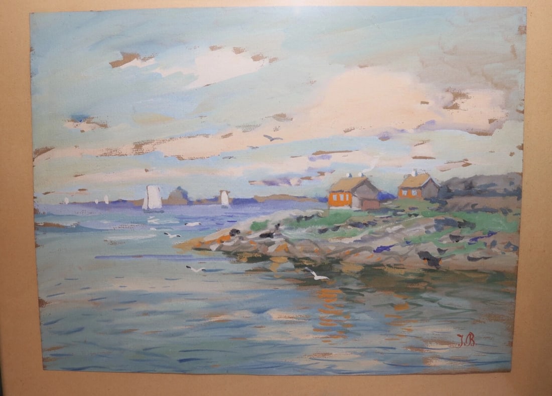 Vintage Original Expressionism Job Nautical Coast Shore Landscape Oil Painting - 4