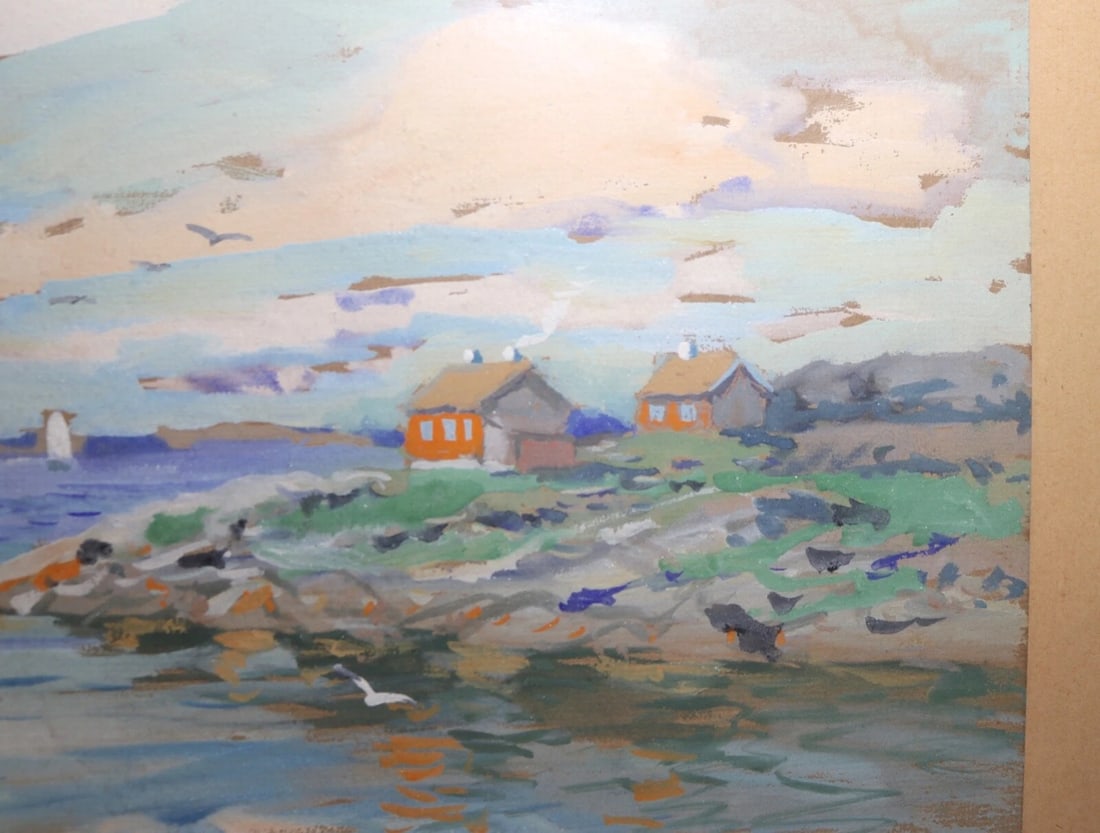 Vintage Original Expressionism Job Nautical Coast Shore Landscape Oil Painting - 5