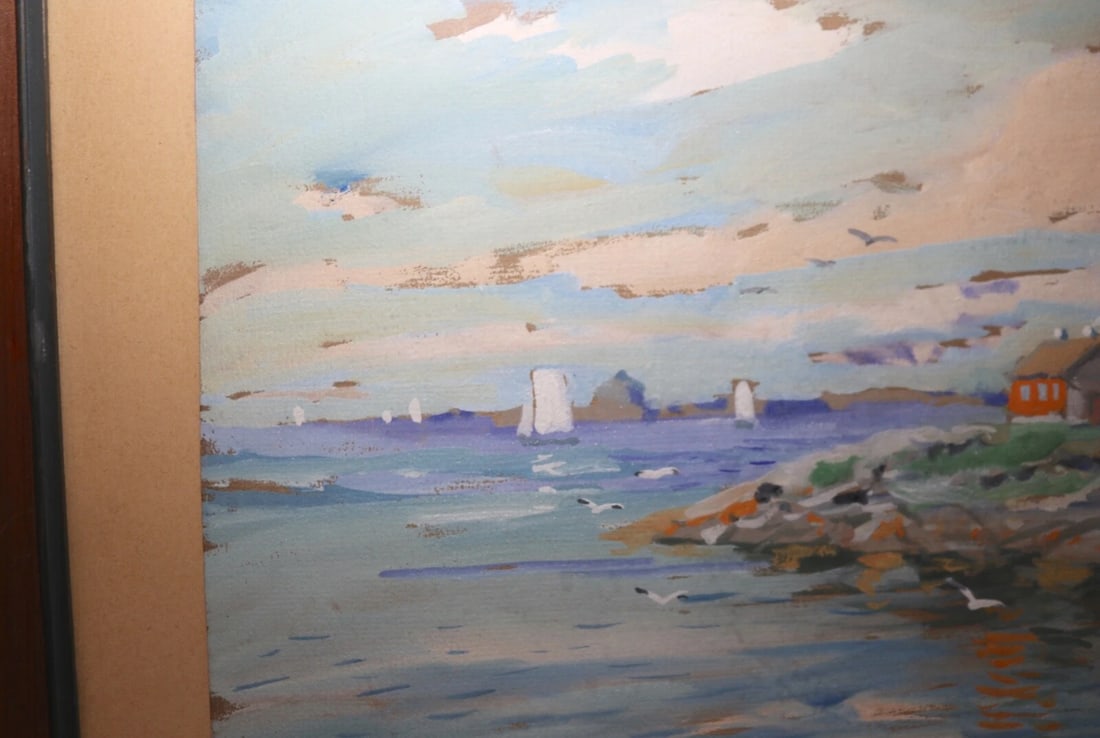 Vintage Original Expressionism Job Nautical Coast Shore Landscape Oil Painting - 6