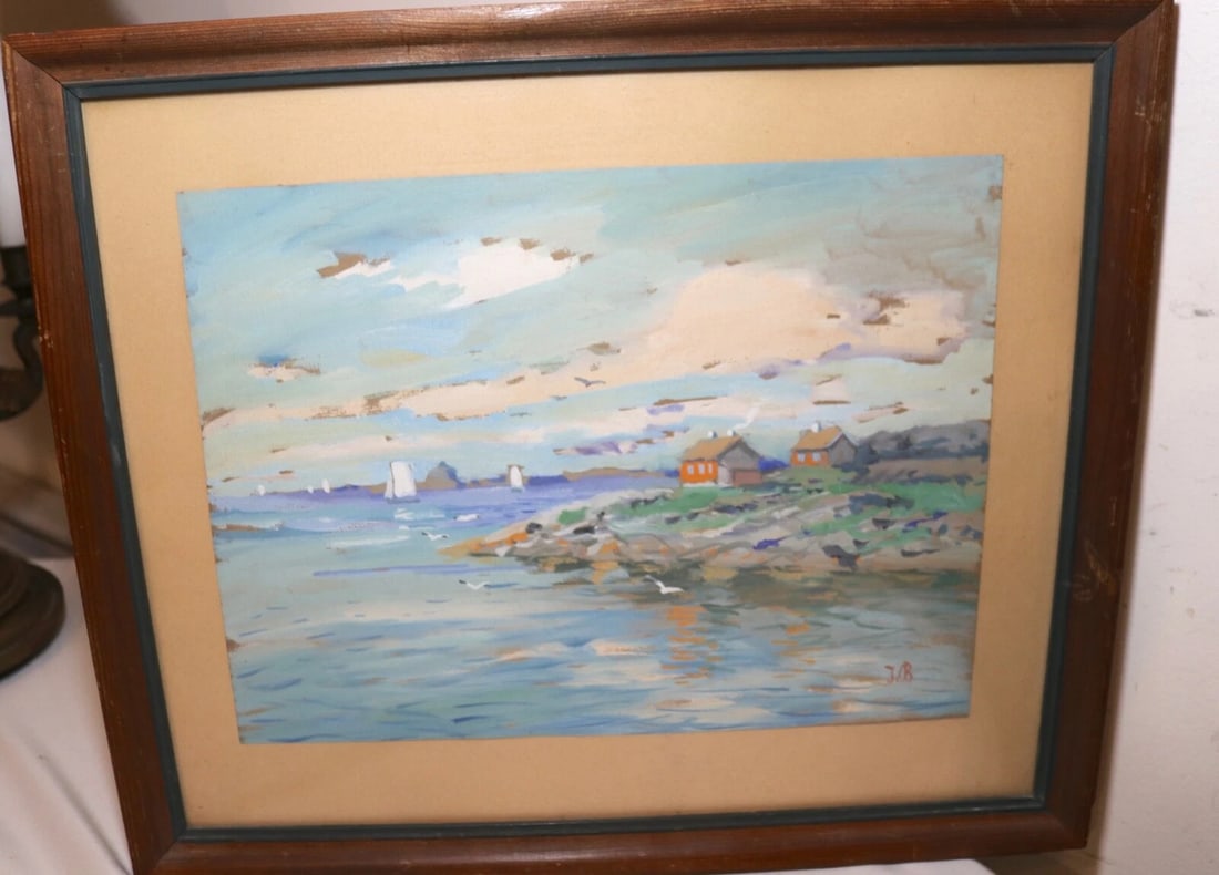 Vintage Original Expressionism Job Nautical Coast Shore Landscape Oil Painting - 8