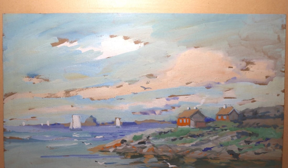 Vintage Original Expressionism Job Nautical Coast Shore Landscape Oil Painting - 9