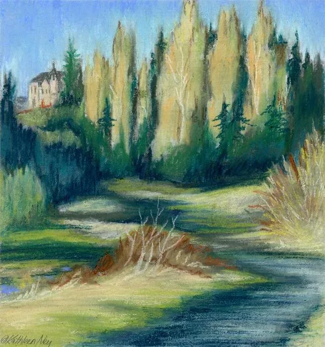 Framed Original Art, "The Castle" Contemporary Landscape Pastel Sketch Drawing - 2