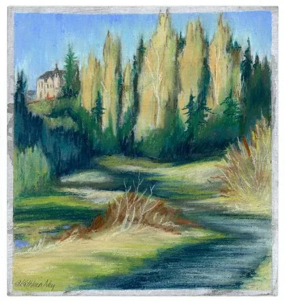 Framed Original Art, "The Castle" Contemporary Landscape Pastel Sketch Drawing - 4