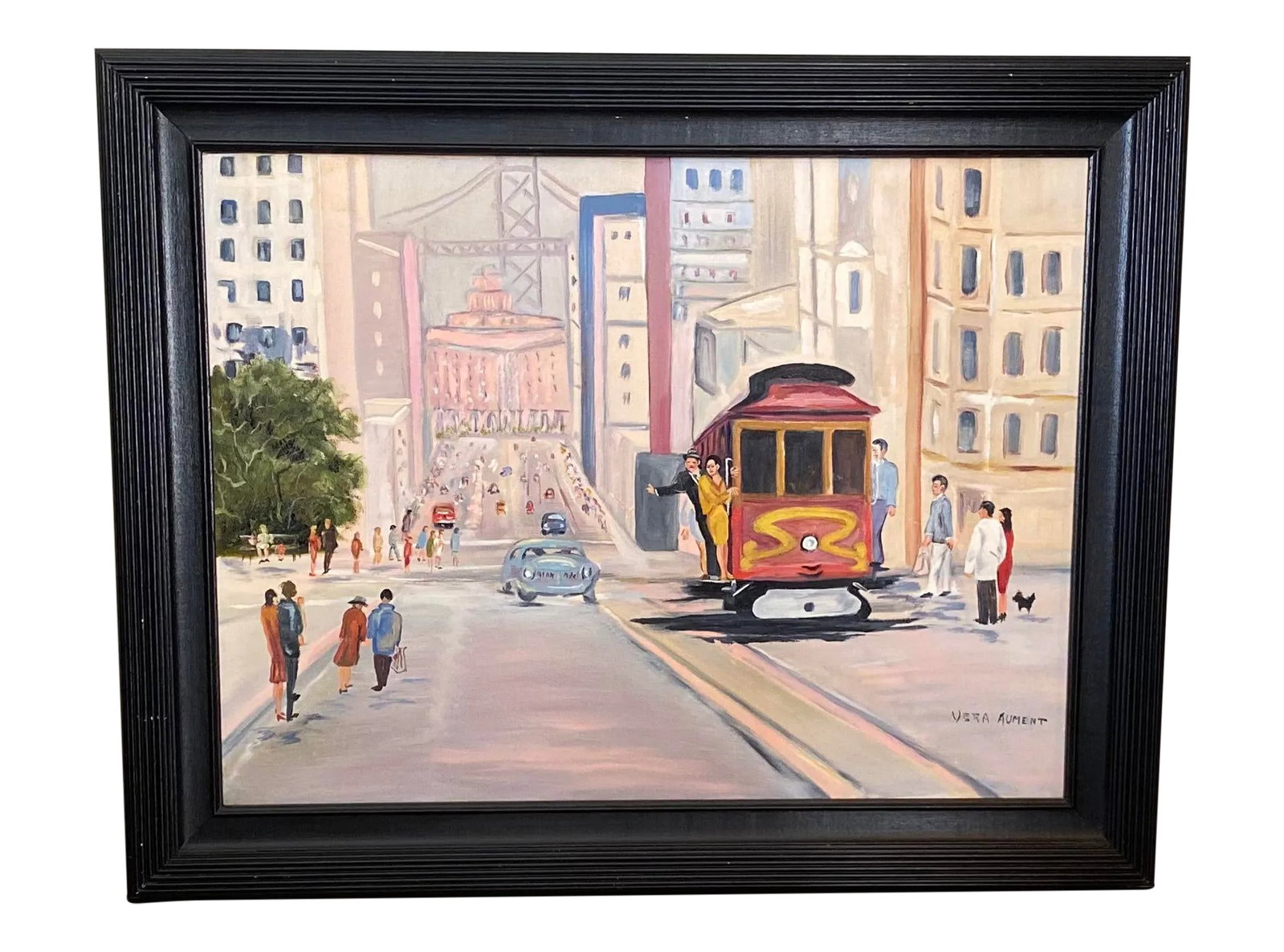 Mid 20th Century Folk Art Style San Francisco Cityscape with Cable Car Oil Painting, Framed: Charming vintage folk art painting of San Francisco. A great street scene with cable car. Oil on canvas measures 18" x 24". With the layered black painted wood frame, 23" x 29". Signed lower right.