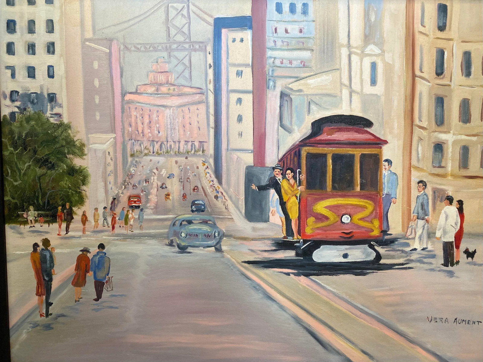 Mid 20th Century Folk Art Style San Francisco Cityscape with Cable Car Oil Painting, Framed - 2