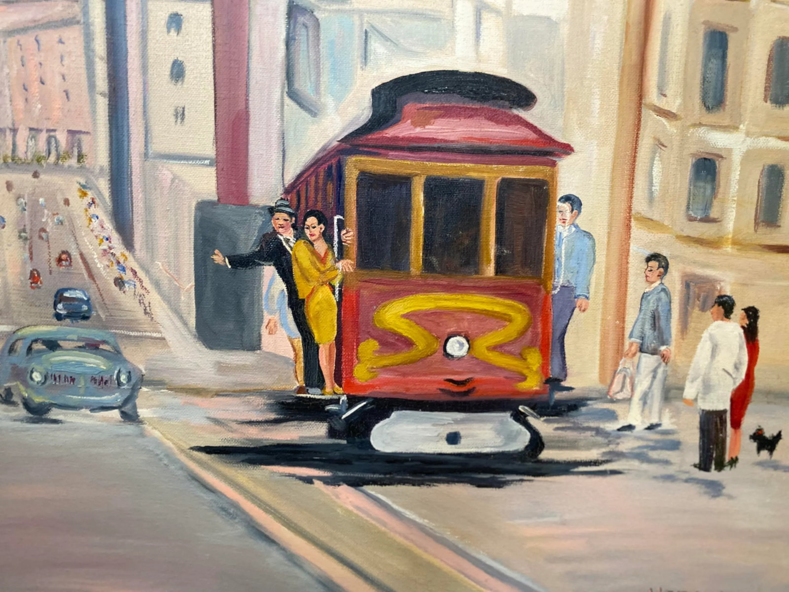 Mid 20th Century Folk Art Style San Francisco Cityscape with Cable Car Oil Painting, Framed - 4