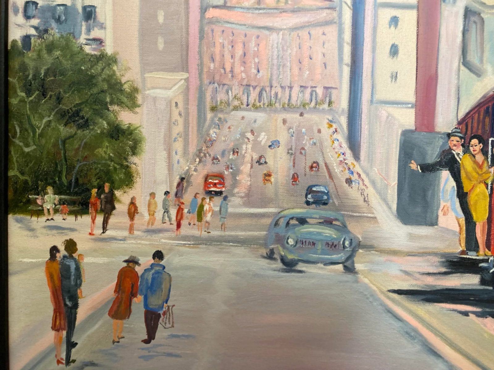 Mid 20th Century Folk Art Style San Francisco Cityscape with Cable Car Oil Painting, Framed - 5