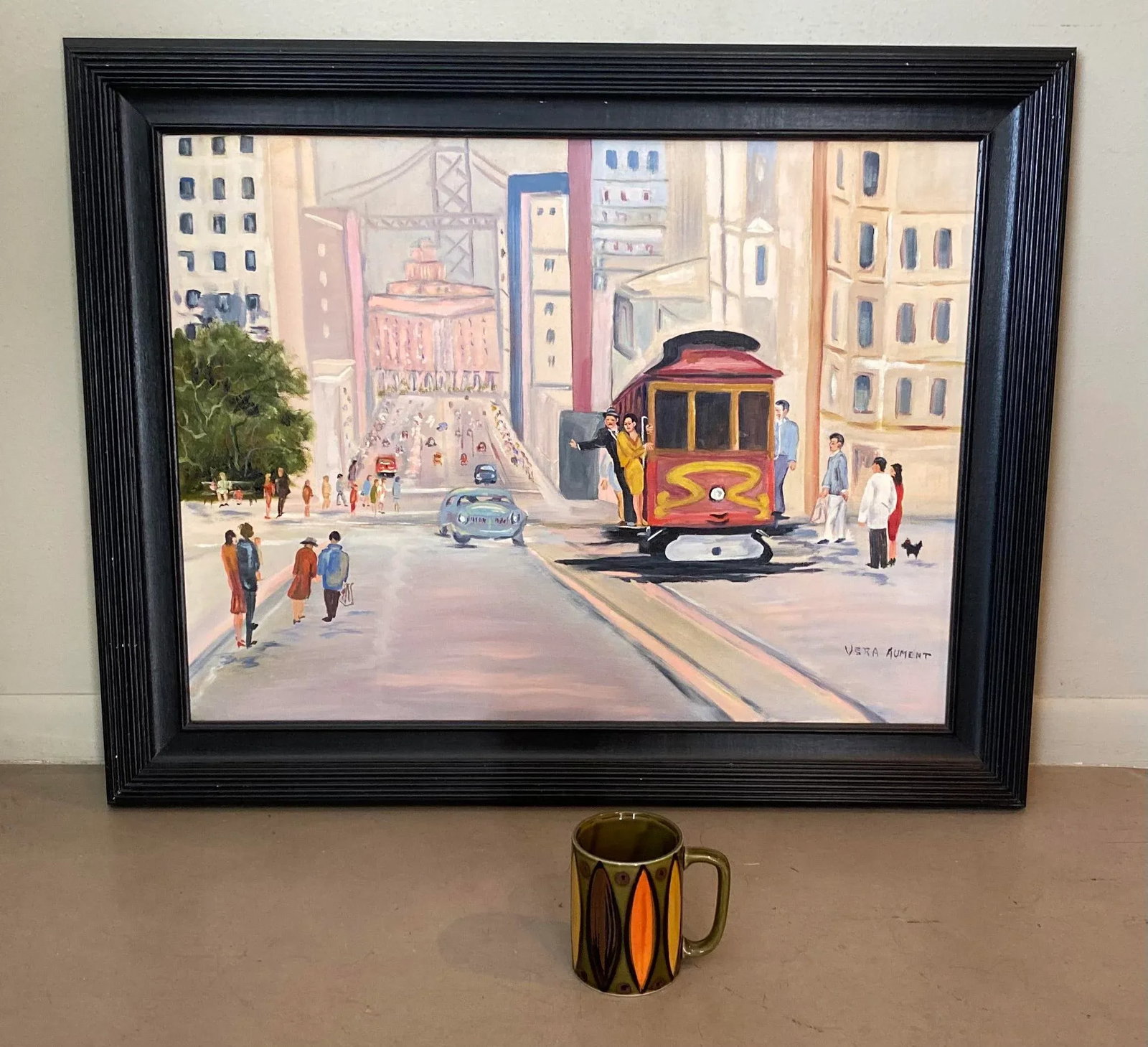 Mid 20th Century Folk Art Style San Francisco Cityscape with Cable Car Oil Painting, Framed - 6