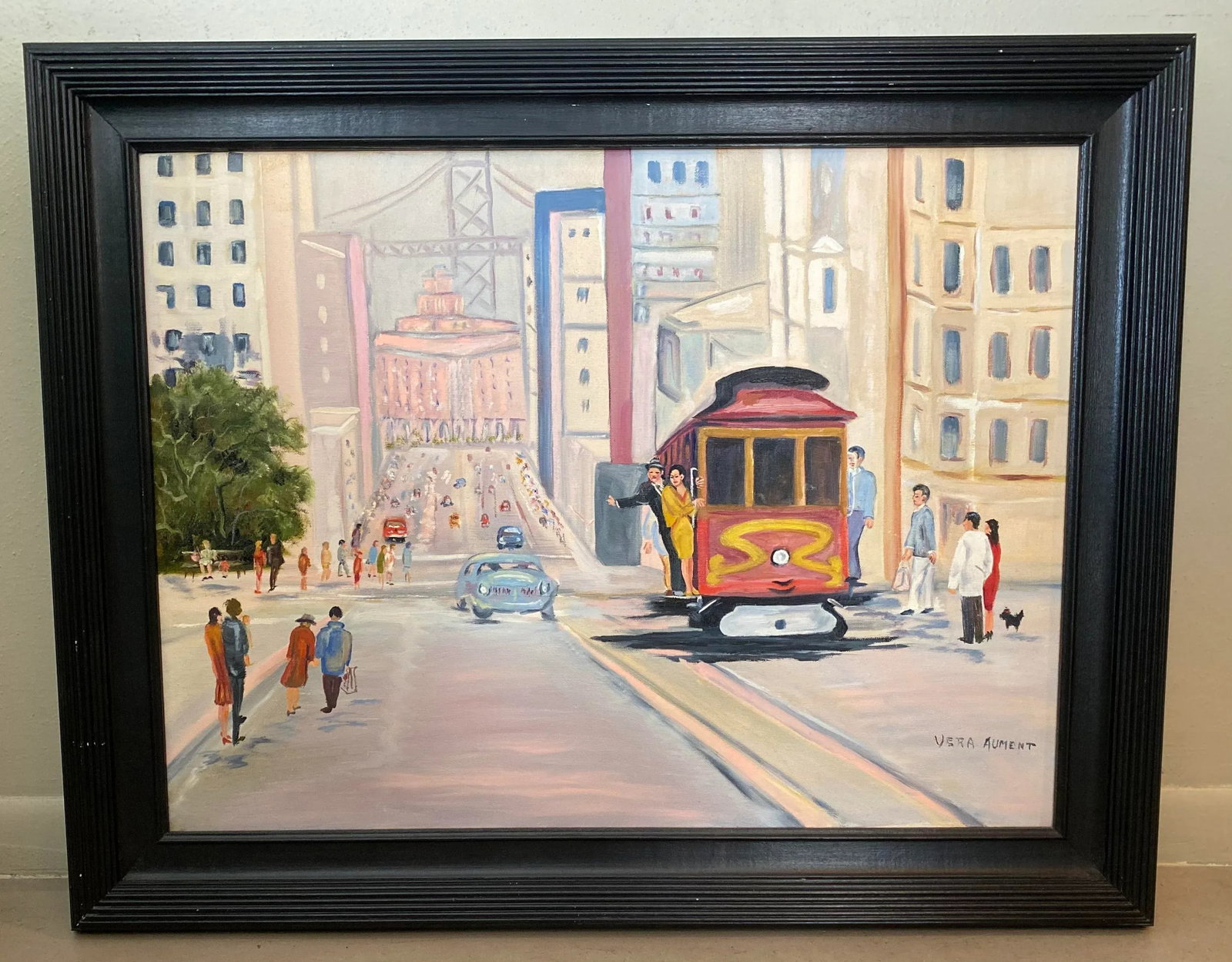 Mid 20th Century Folk Art Style San Francisco Cityscape with Cable Car Oil Painting, Framed - 7