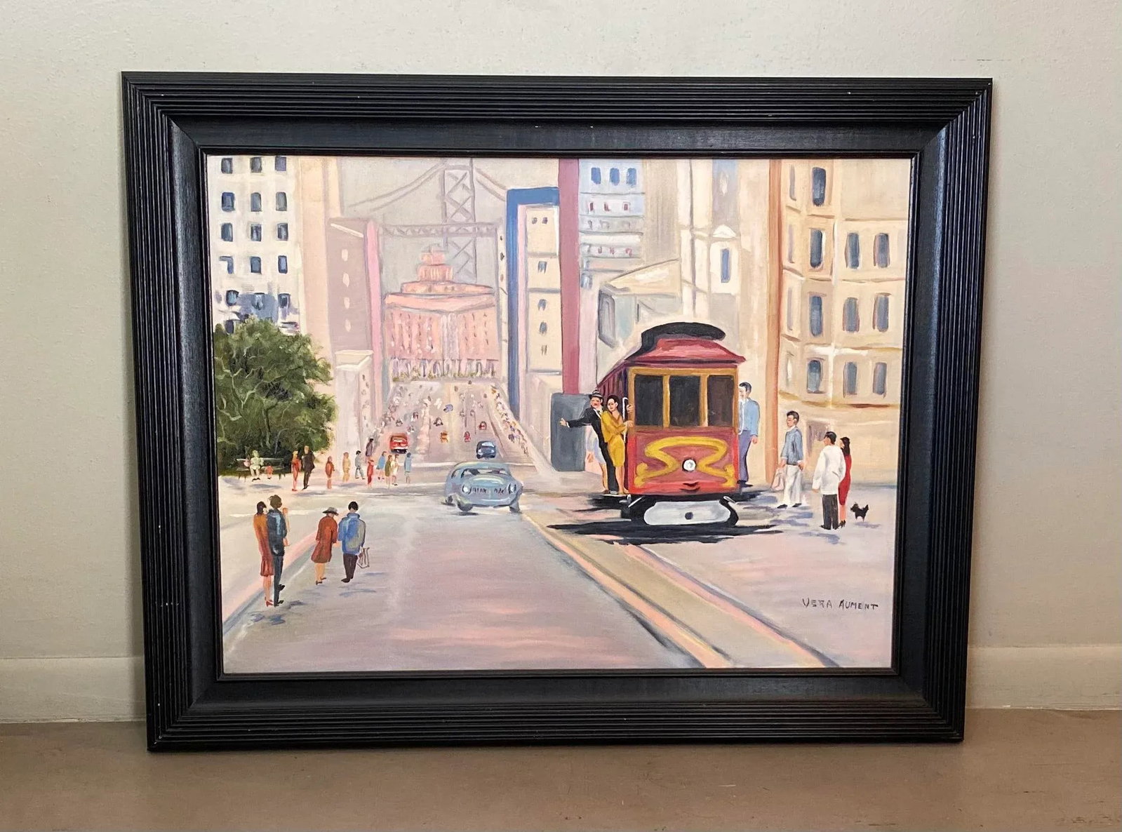Mid 20th Century Folk Art Style San Francisco Cityscape with Cable Car Oil Painting, Framed - 9