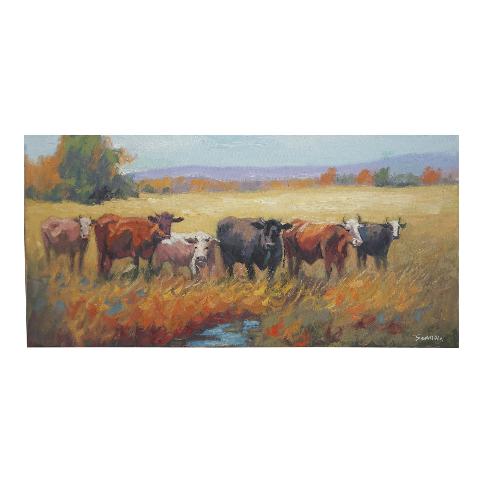 Original Oil Painting of Cows: Original oil painiting by Sean Wu, Cattles are in the pasture. Condition: Imperfections: No Imperfections Origin: United States Materials & Techniques: Oil Paint Details: What type of item is it?
