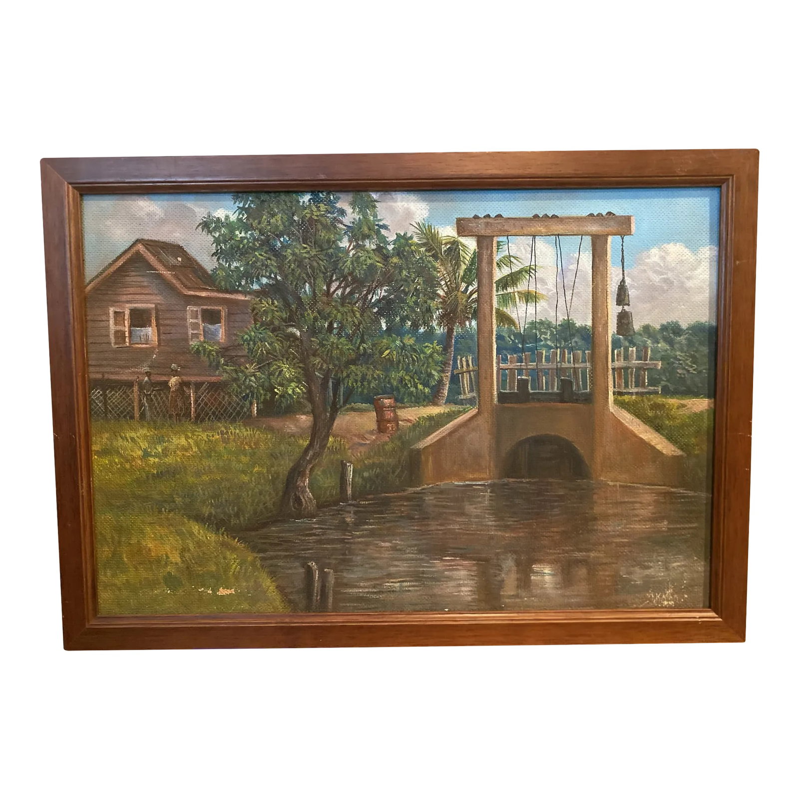 Mid 20th Century Florida Landscape Painting Attributed to Louise Kamp, Framed: Vintage southern landscape painting. Oil on masonite measures 14" x 20". Original wood frame adds another 1". Signed indistinctly lower right. It looks like Kamp, and we believe this may be the work