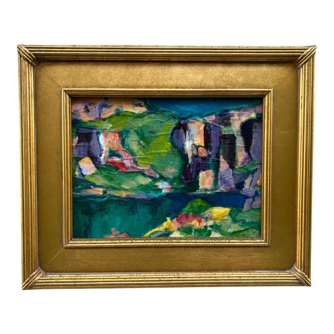 Framed Acrylic "Rock Quarry" Painting, Signed K. Bergstrom-Catriona: A bold, color-rich acrylic painting (on panel) titled Rock Quarry by K. Bergstrom-Catriona, executed in a vibrant modernist style inspired by the work of Italian modern master Nicola Simbari. The