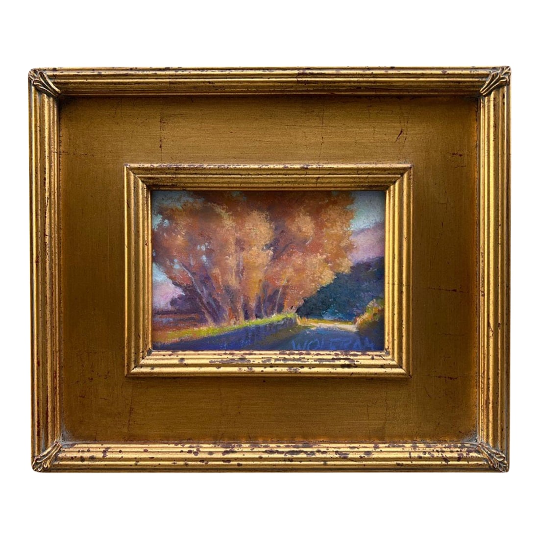 Framed Pastel Landscape of Foxen Canyon, Signed by David Wolfram: behind glass. A vibrant California landscape rendered in pastel by artist David Wolfram, titled Foxen Canyon Variation #2. The composition captures a glowing tree-lined road bathed in warm light,