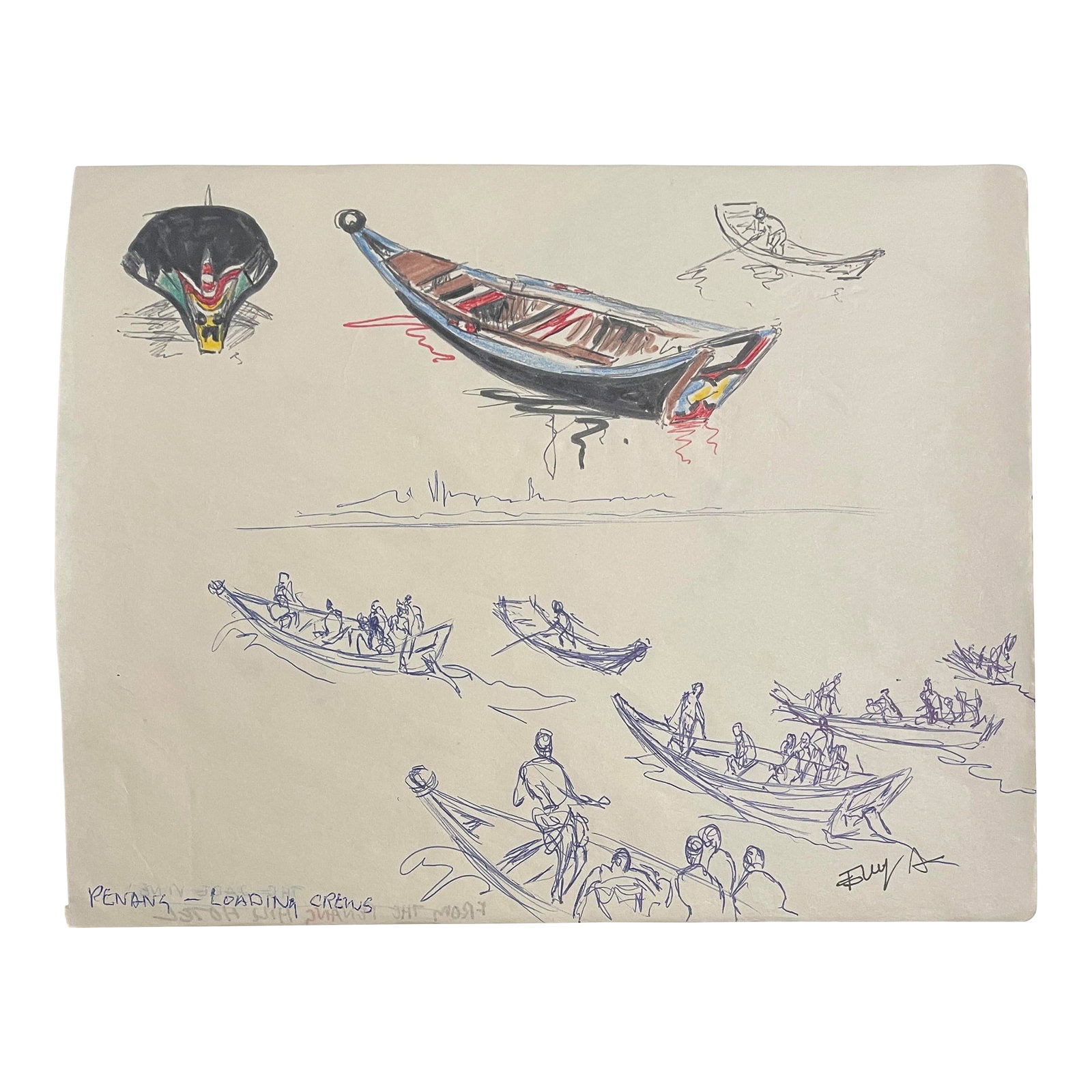1950s Ivy Attwell Boats, Panang Malaysia: Painting by English artist Ivy Attwell (1895-1985). Attwell traveled extensively all over the world and recorded her travels from the 1950s until about 1980. WatercolorDrawingper of crews and their