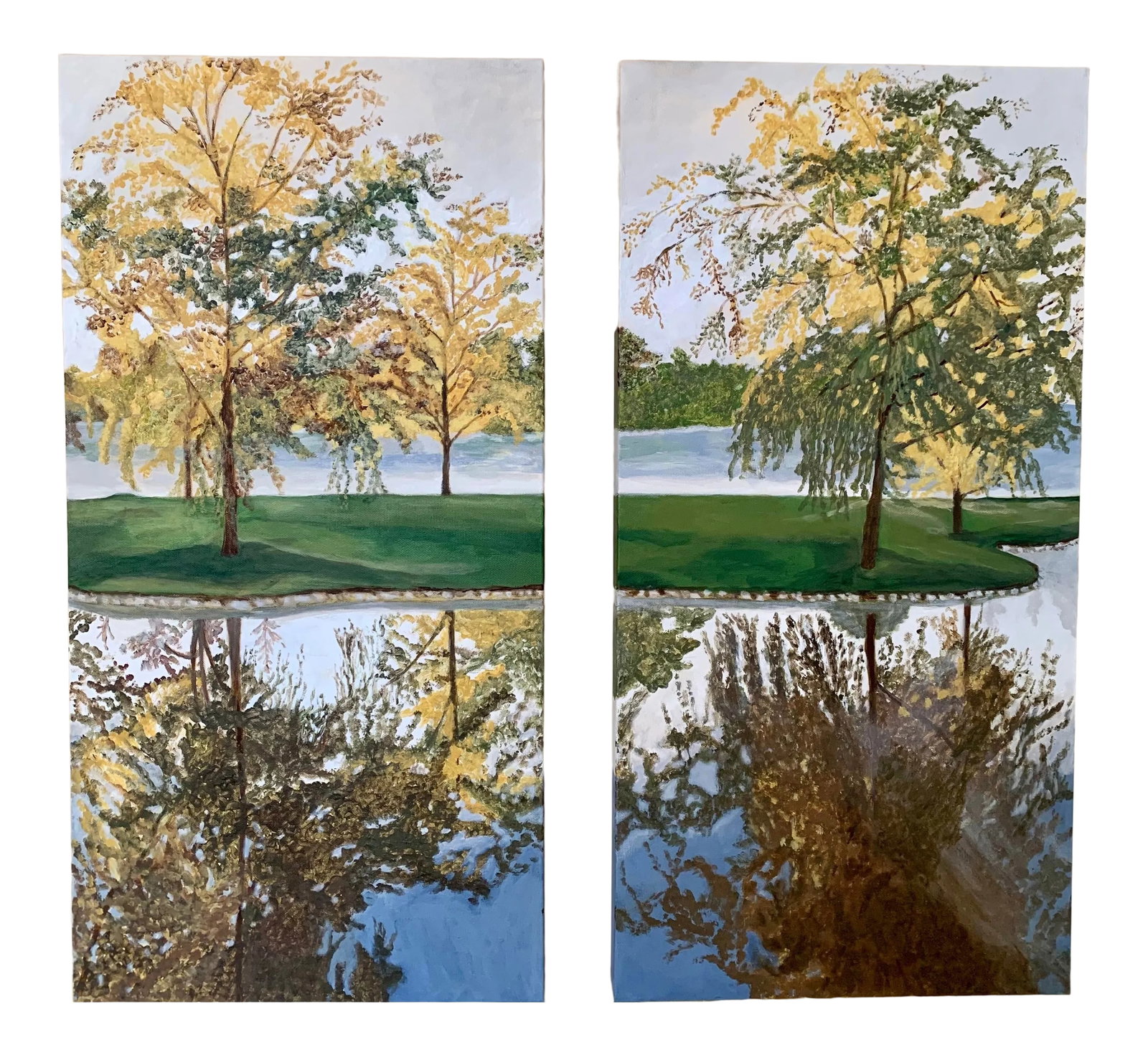 "Fall Reflection Diptych" Contemporary Autumn Landscape Acrylic Painting - a Pair: Impressionistic, Autumnal landscape reflected in a lake. Diptych: (set of 2 paintings) each canvas measures 15" wide x 30" tall Painting is continued along edges of canvas. Acrylic on canvas.