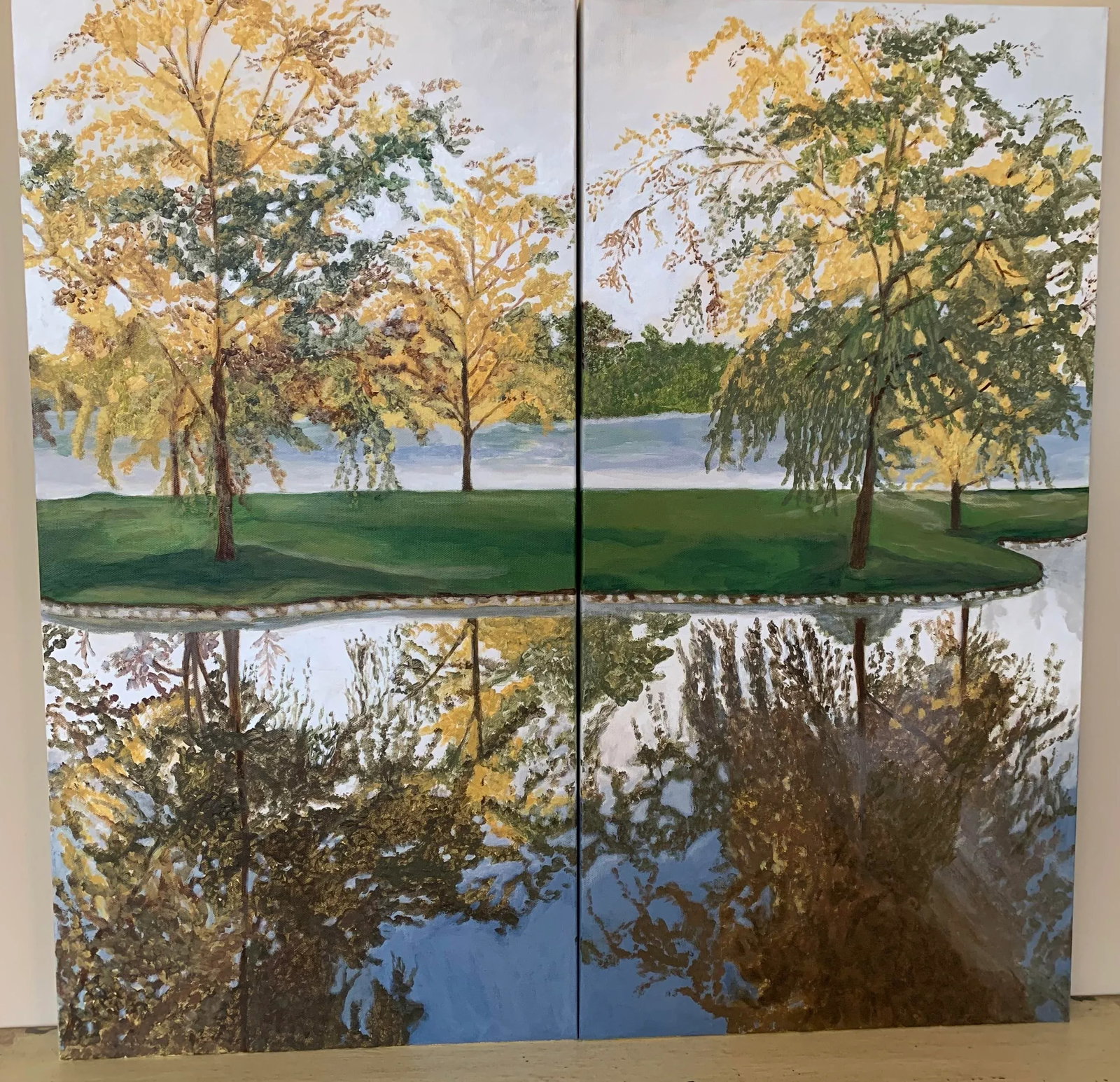"Fall Reflection Diptych" Contemporary Autumn Landscape Acrylic Painting - a Pair - 6
