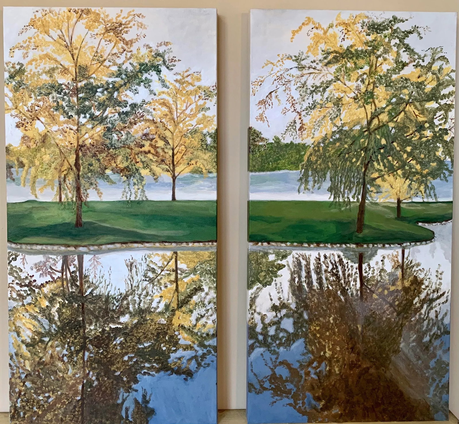 "Fall Reflection Diptych" Contemporary Autumn Landscape Acrylic Painting - a Pair - 7