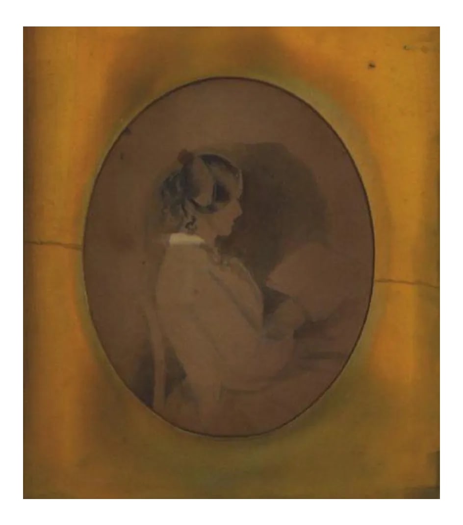 Woman Reading Graphite Study Early-Mid 1800s: This early-mid 1800s watercolor and graphite on paper drawing is by English artist James Ramsay (1786-1854). He is known for his portraiture and exhibited at the Royal Academy of London. Provenance:
