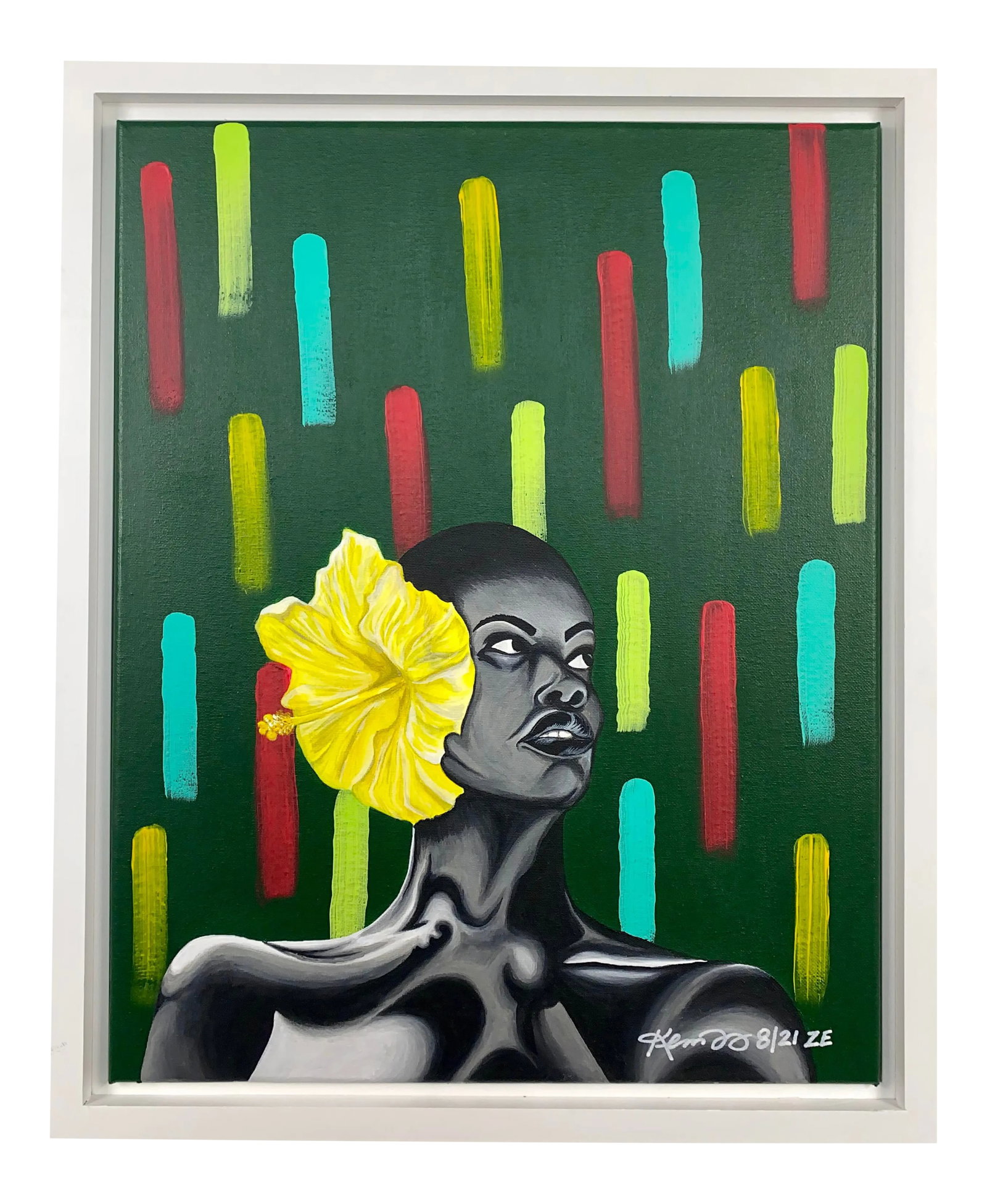 "Dominique II" Contemporary Expressionist Style Portrait Acrylic Painting, Framed: Dominique II, created for the People & Plants Art Series, represent the evolution of the first painting named Dominique. In this piece, Dominique blossomed into a more confident and radiant woman. She