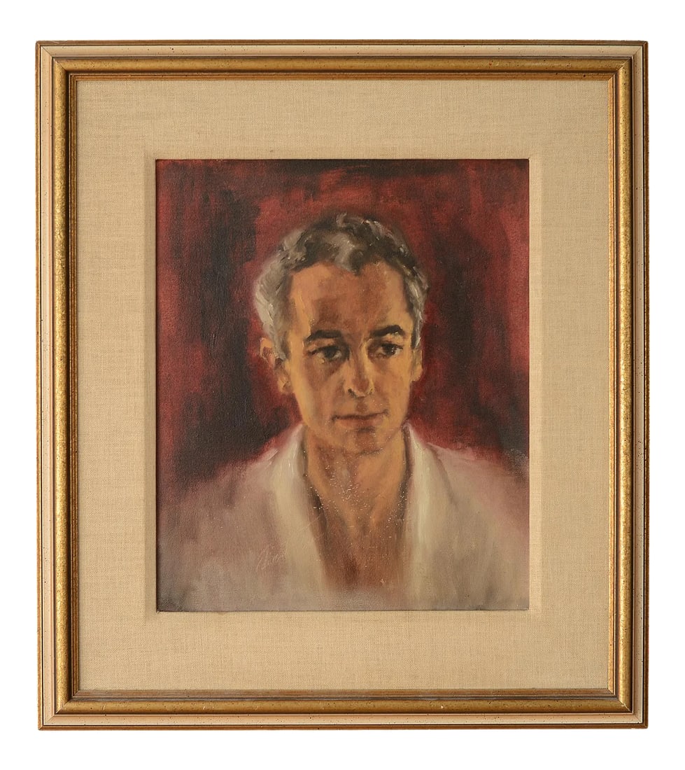 1950s Portrait of a Man Oil Painting, Framed: Beautiful vintage 1950s mid century era portrait of a gentleman. There's a dreamy quality to this painting. The subject has an interesting casual gaze looking to the side, evoking an air of mystery.