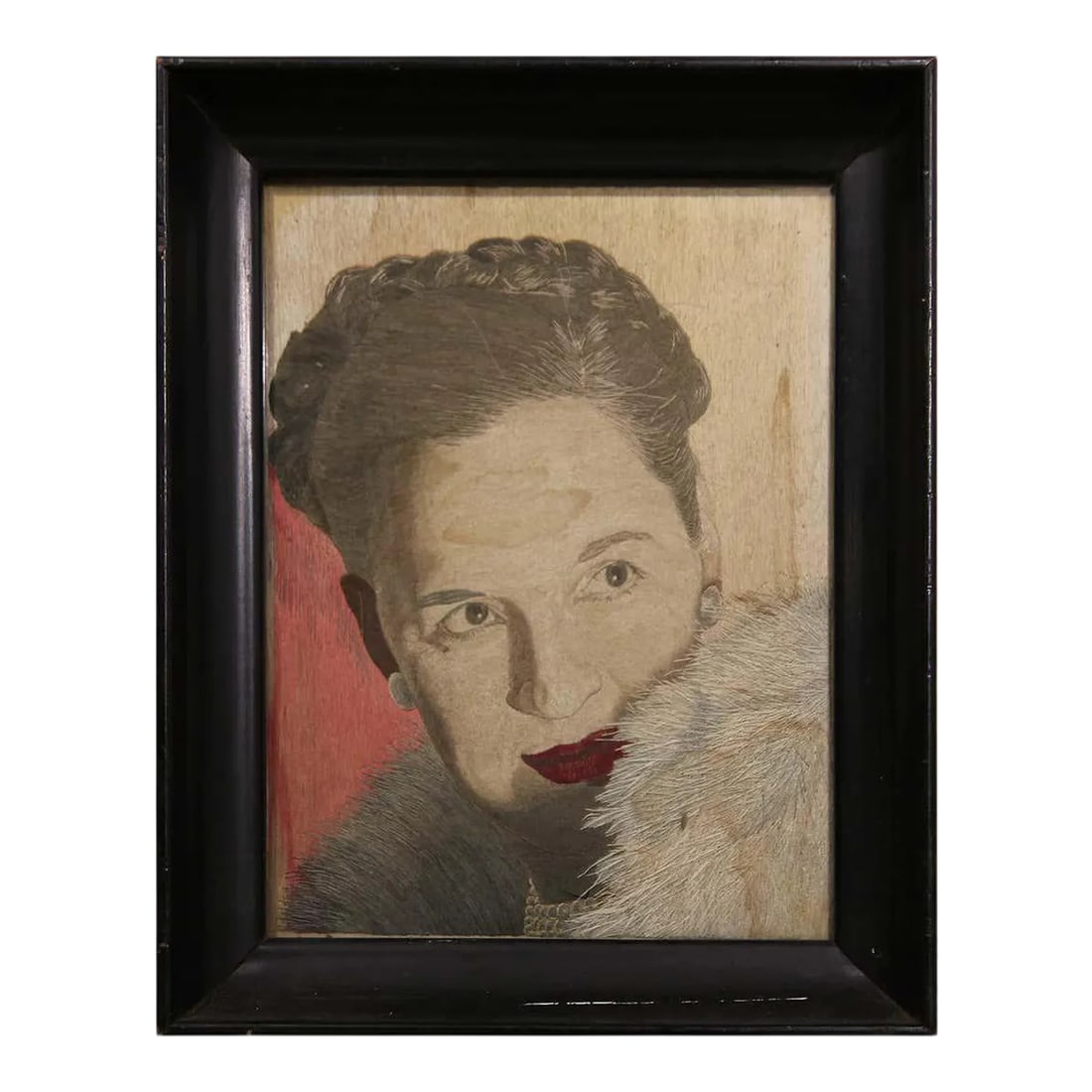 Small Modern Grey and Red Toned Embroidered Portrait of a Woman: Realistic brown and red toned intricately embroidered portrait of a woman in Hollywood glam style. Work is unsigned. Framed in a thick black wooden frame. Dimensions Without Frame: H 13.38 in. x W