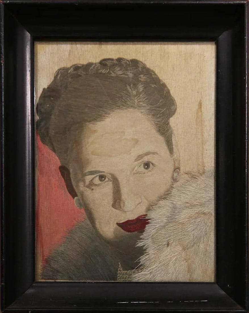 Small Modern Grey and Red Toned Embroidered Portrait of a Woman - 2