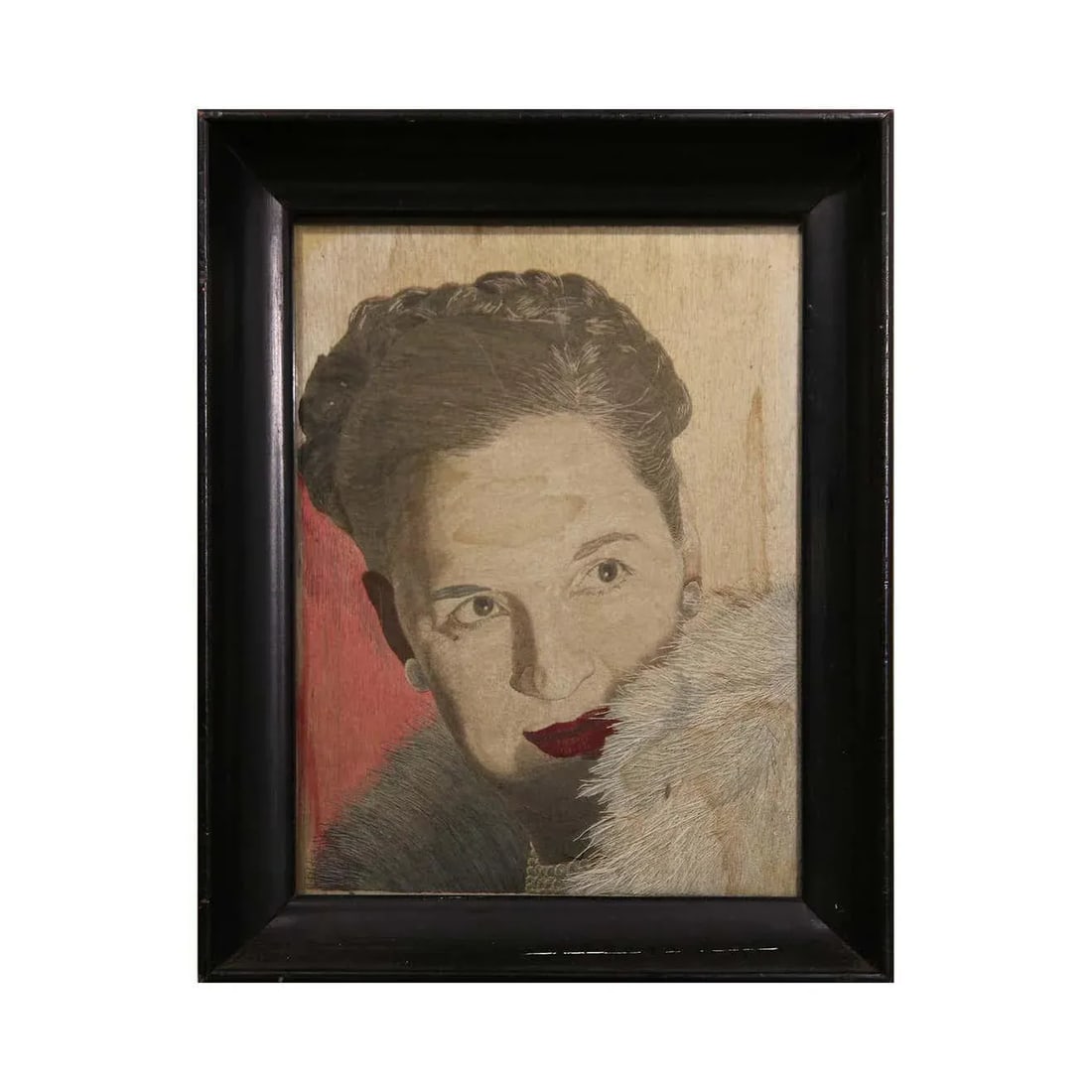 Small Modern Grey and Red Toned Embroidered Portrait of a Woman - 4