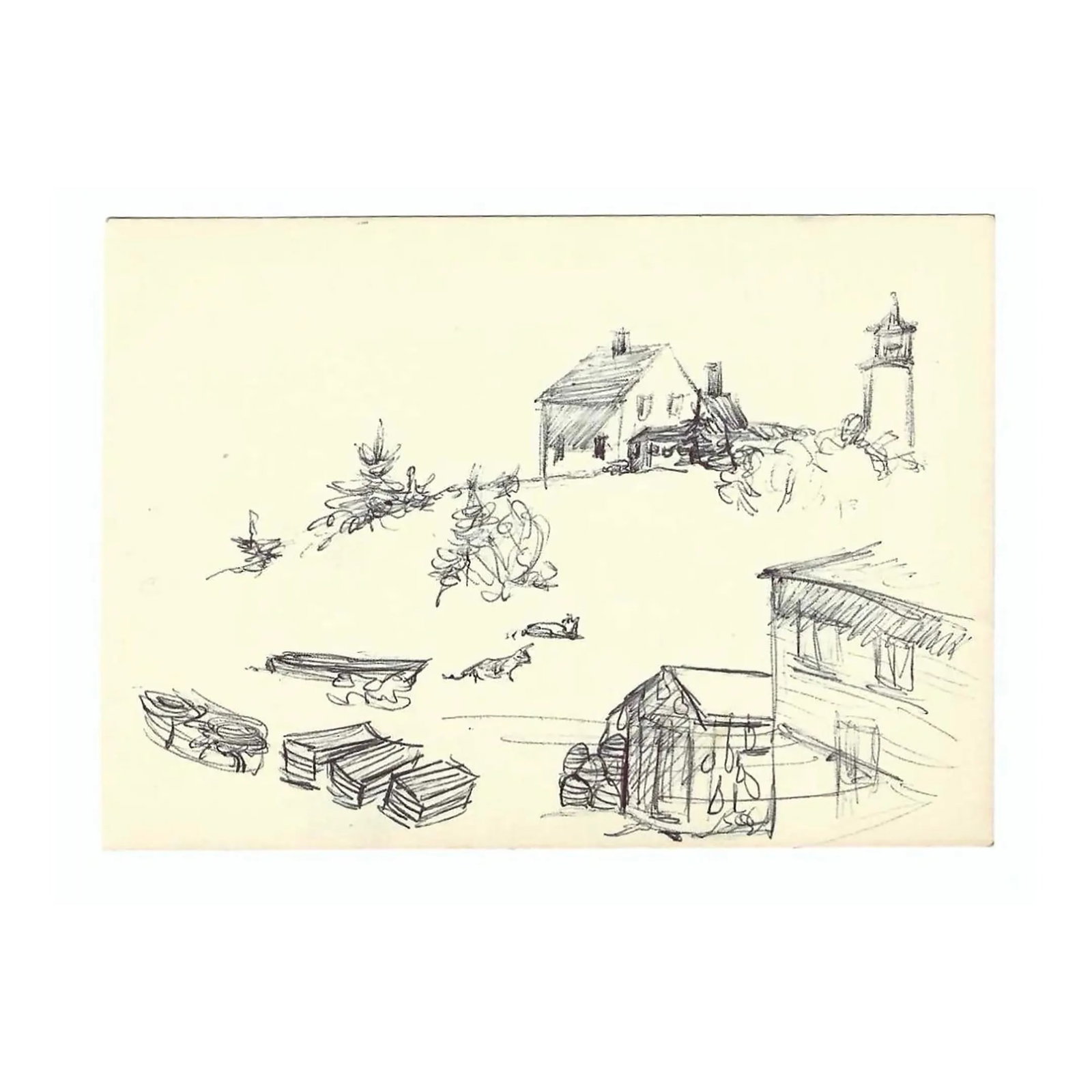 1980s Robert Angeloch Monhegan Maine Drawing: Coastal drawing of a lighthouse and lobster traps by Robert Henry Angeloch (1922-2011). The drawing is not titled and doesn't have a location, but this comes from a sketchbook with Monhegan drawings.