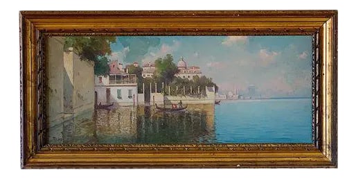 Mid 20th Century Florence Canal Scene Oil Painting Signed F. Luzi, Framed: Oil Painting depicting Florence, Italy with beautiful canals and architecture. Signed by Italian Artist F. Luzi in original gold wood frame. Large size, 40" x 20" Please check out my Chairish profile