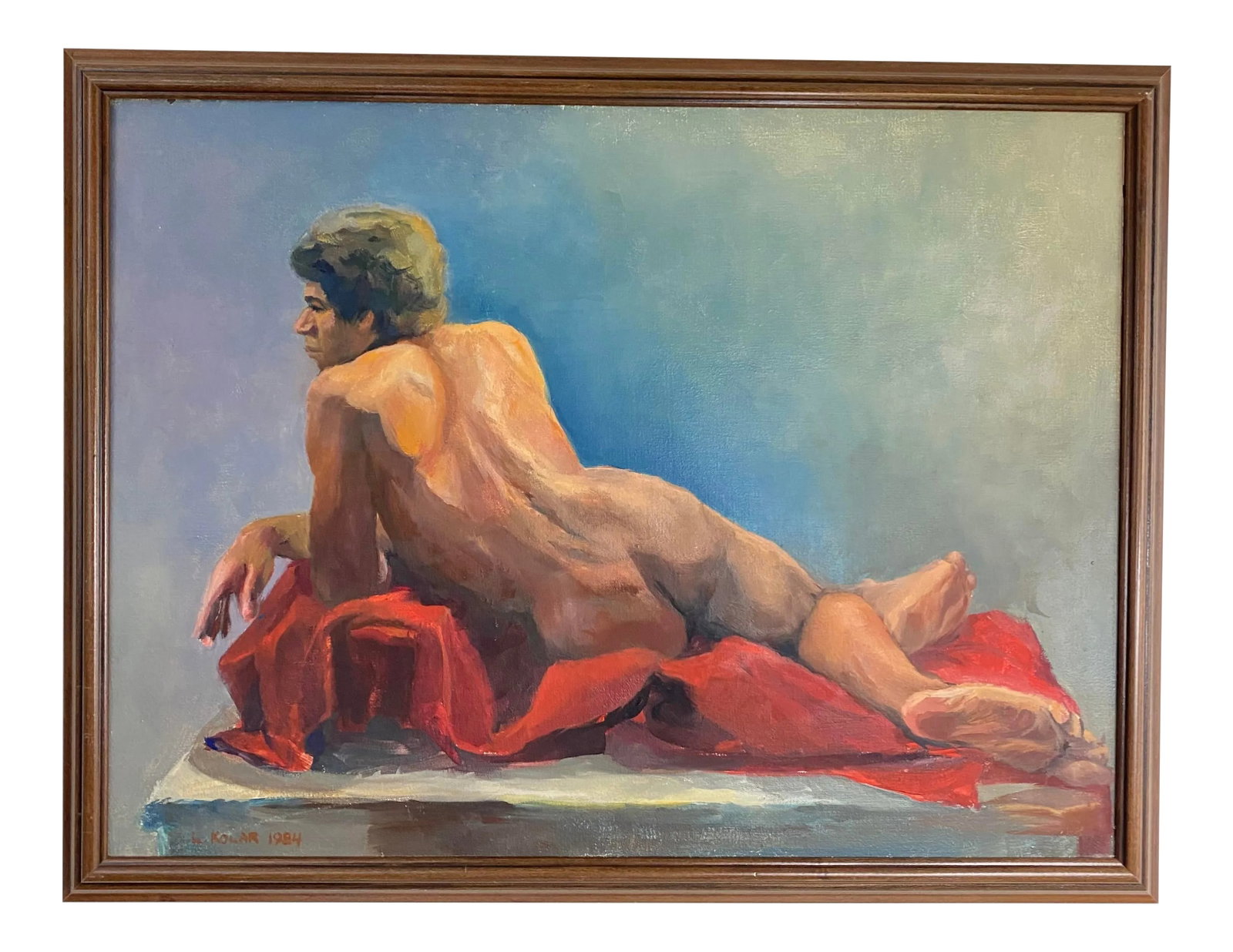 1984 Linda Kolar "Brian" Male Nude Oil Painting: 1984 Linda Kolar male nude oil on canvas painting titled "Brian". Kolar was an award wining contemporary local artist who began exhibiting in 1988. Great attention to detail in background colors and