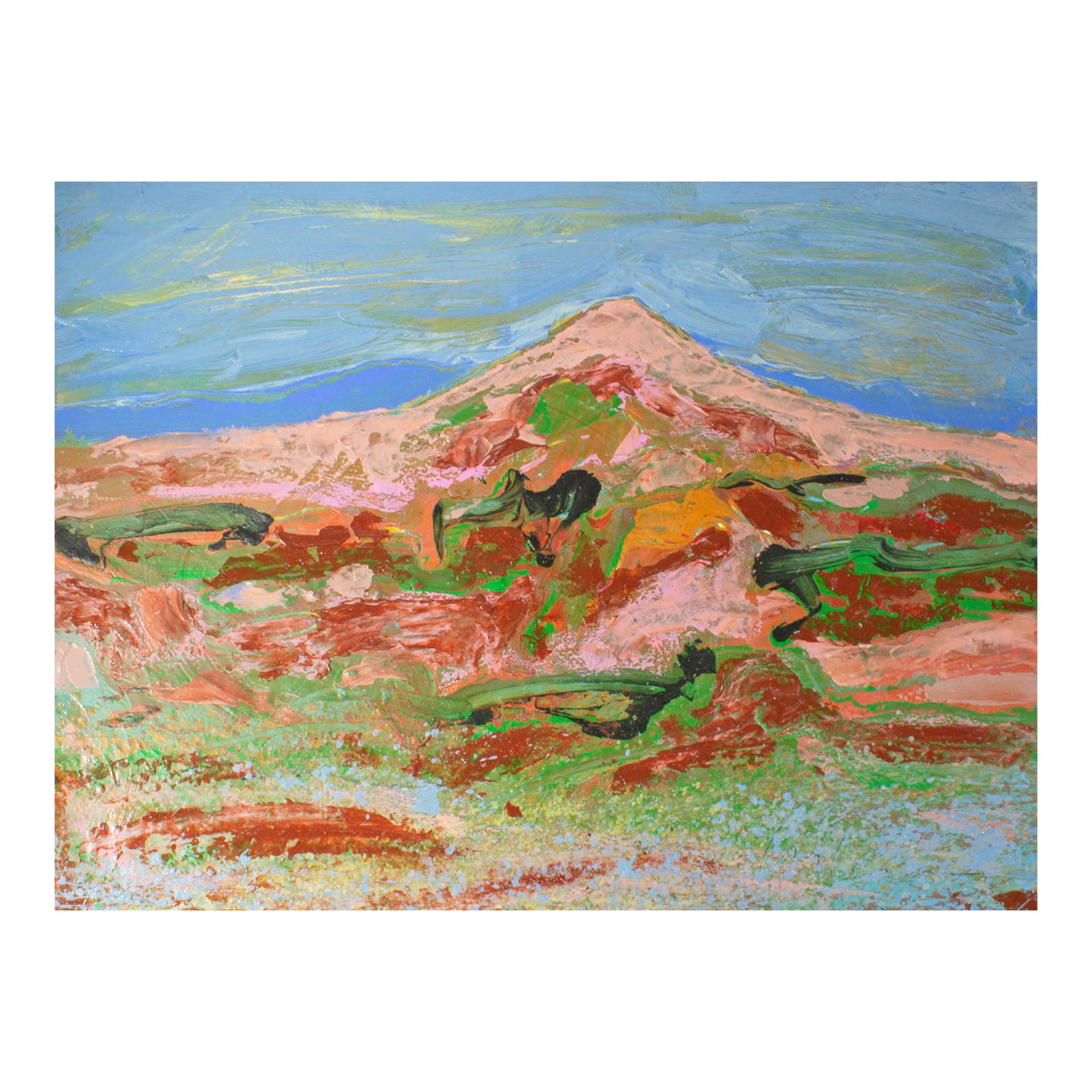 1980s Abstract Acrylic Landscape by Harry Hilson: A 1980s abstract acrylic landscape painting by American artist Harry Hilson (1935-2004). Gestural lines come together to create a vibrant abstract landscape in this colorful painting. Unframed, the