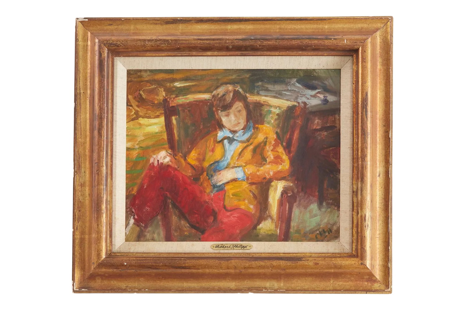 Early 20th Century "Girl Resting" Expressionist Figurative Oil Painting, Framed: Giltwood framed Robert Philipp ( 1895 - 1981 ) American oil on canvas painting . " Girl Resting ". Initialed lower right, signed, dated & titled on the verso. The wood frame is about & the oil on