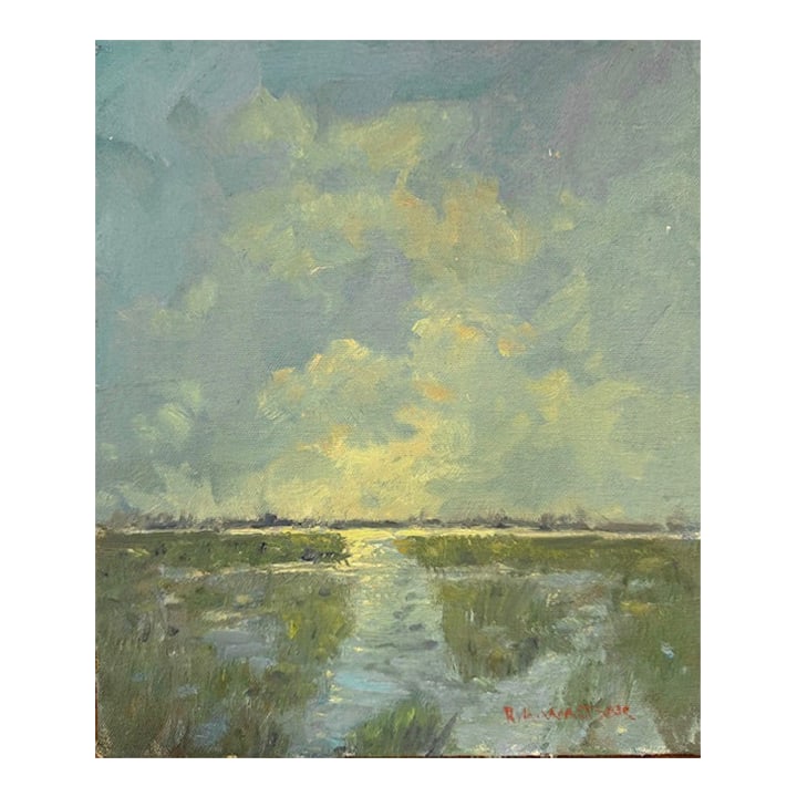 Serene Robert Waltsak Waterscape Oil Painting: There's nothing like a view of the water...and this small oil painting makes you feel like you're sitting on a porch in the summer overlooking a marsh. The artist is Robert Alan Waltsak-a popular New 