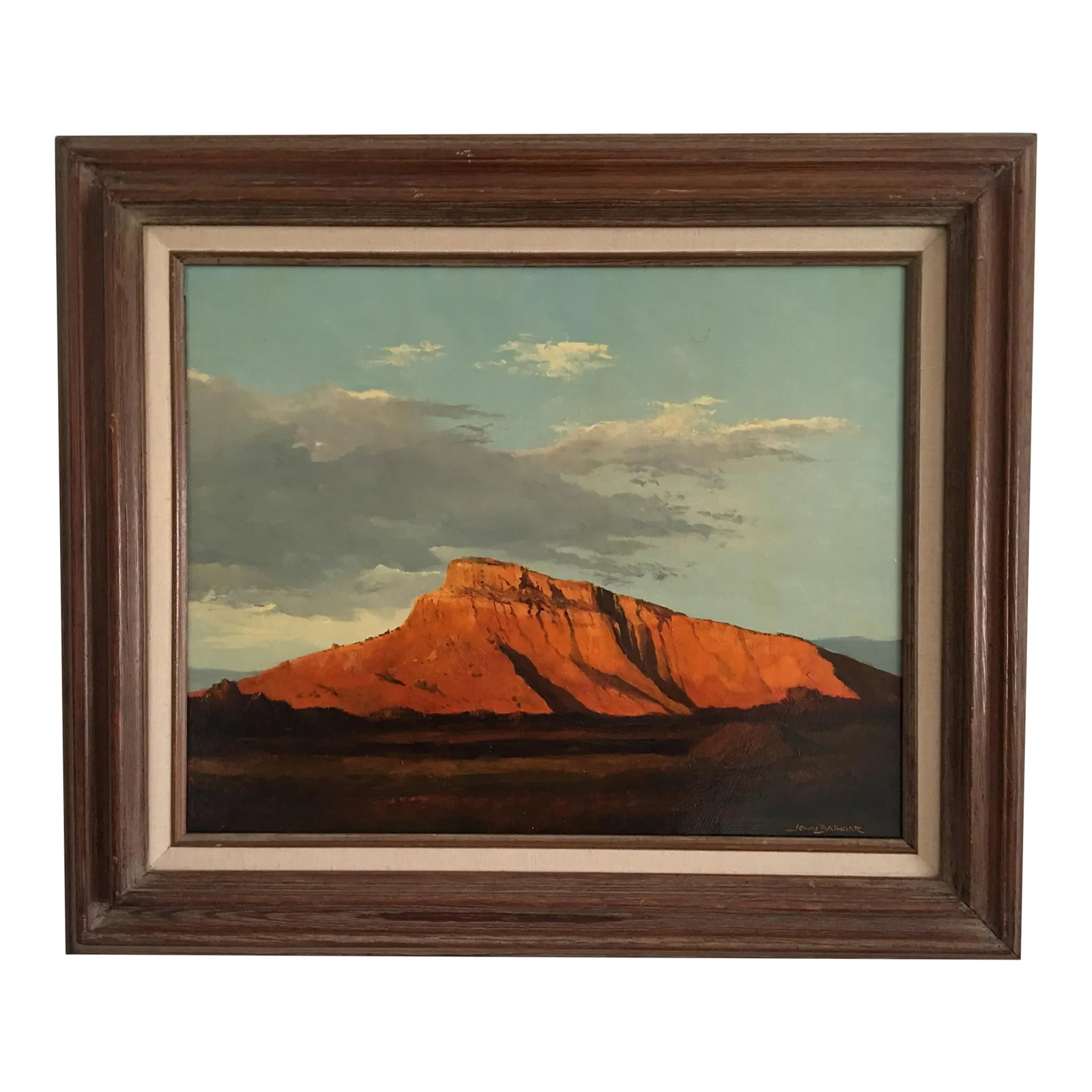 1970s Mountain Landscape Oil Painting John Bathgate, Framed: Beautiful oil painting done by John Bathgate Born in 1949 in Scotland , he has been exited his work. In gallery and also offered at auction house Multiple time Most of his paintings have been sold
