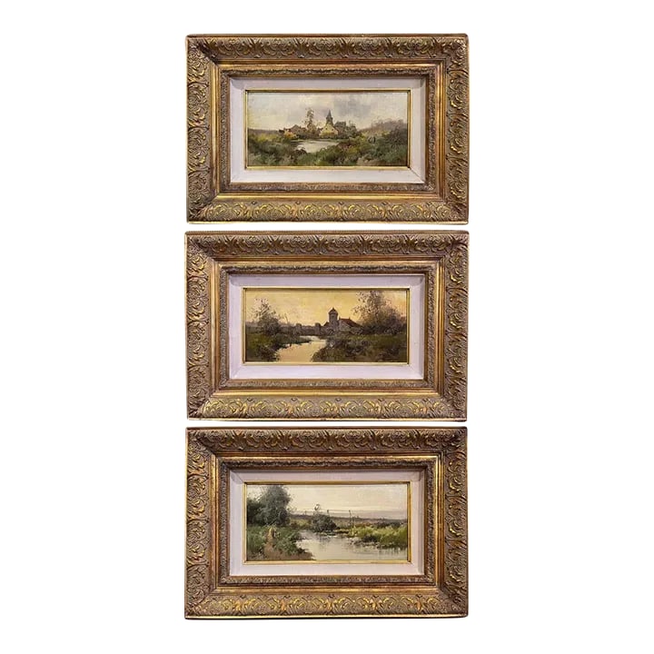 Set of 3 Framed Oil on Board Paintings Signed Leon Dupuy for E. Galien-Laloue: Decorate a study, living room or den with this beautiful and colorful suite of antique paintings! Painted in France circa 1890, the artworks are set in carved gilt wood frames and illustrate