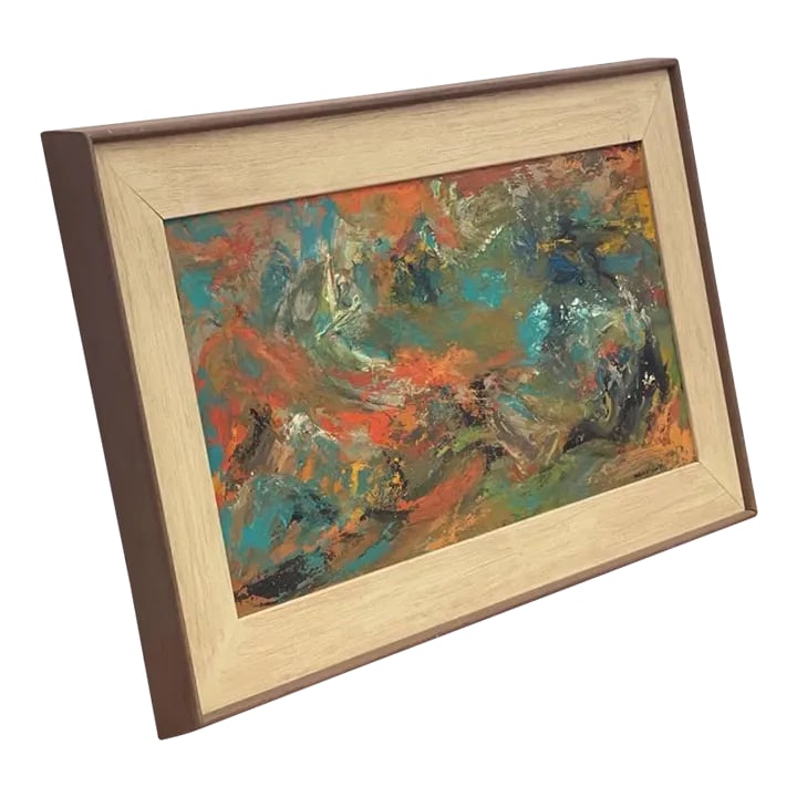 Margaret Smith Signed Mid-Century Abstract Expressionist Painting in Original Frame: Vibrant mid-century abstract expressionist painting signed Margaret Smith. This original work features a dynamic palette of teal, orange, ochre, and earthy greens, blended and layered with gestural