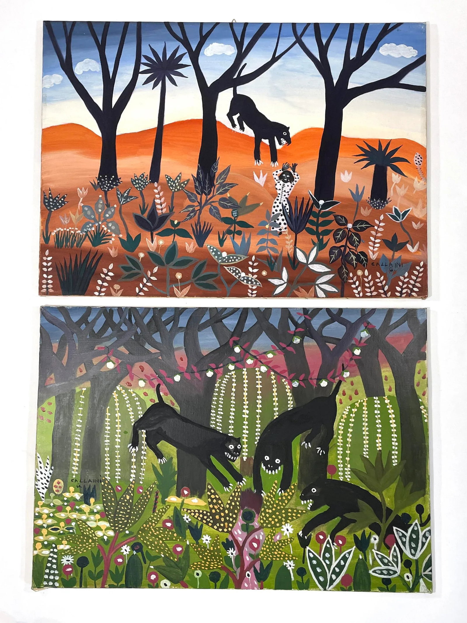 Pair of Italian Folk Art Paintings Featuring Panther Cats - Signed Callaini G. - 13